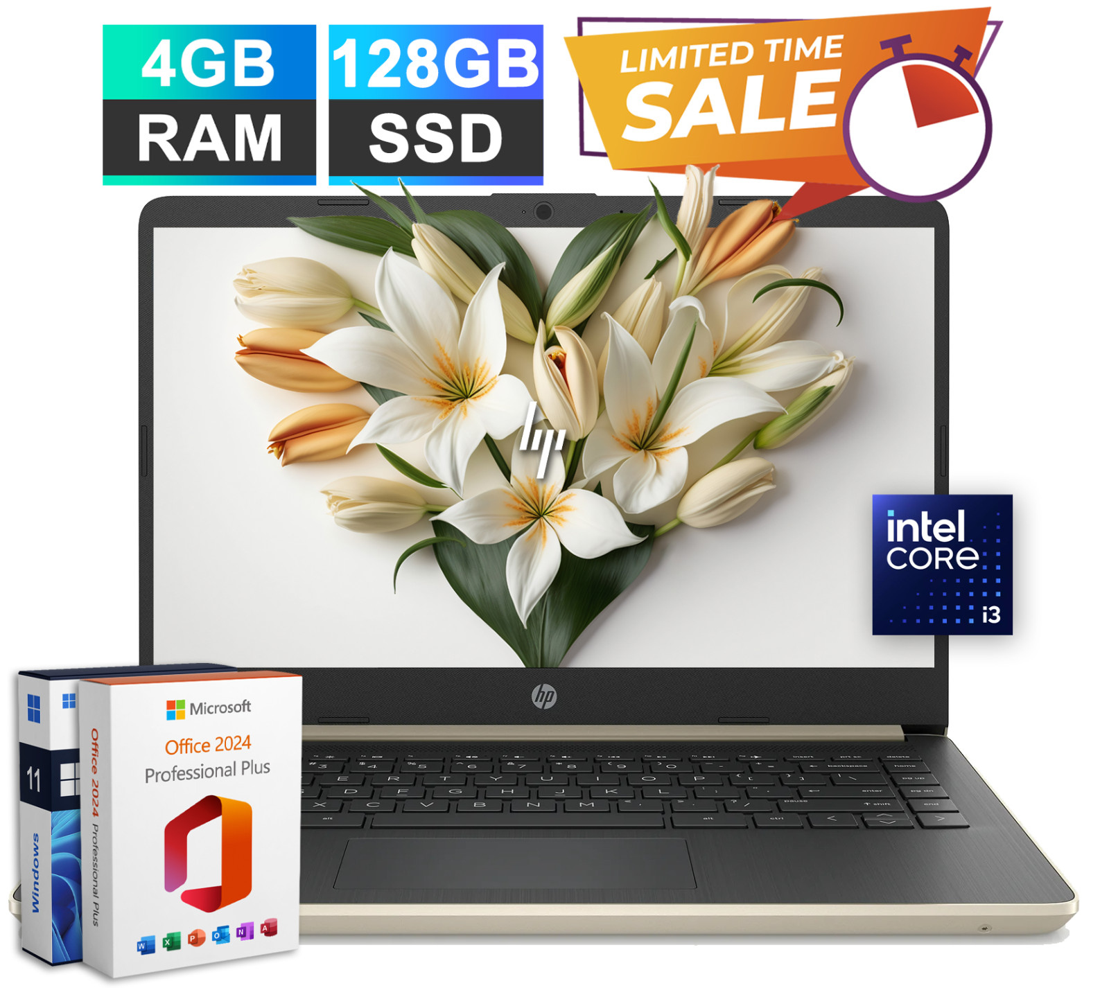 HP Laptop Notebook 14" Intel i3 (Up to 3.4GHz) 4GB RAM 128GB SSD Office 2024 Pro