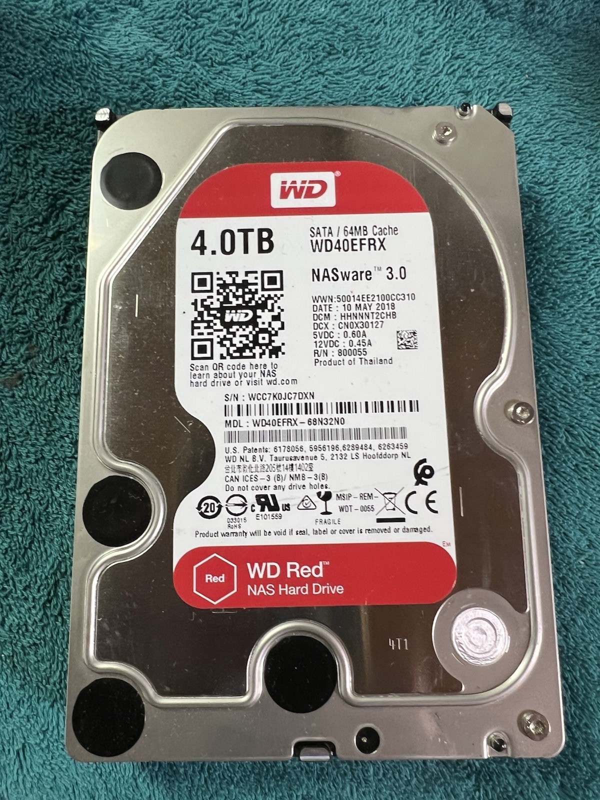 Western Digital 4TB Red 3.5” Hard Drive WD40EFRX Wiped/Tested