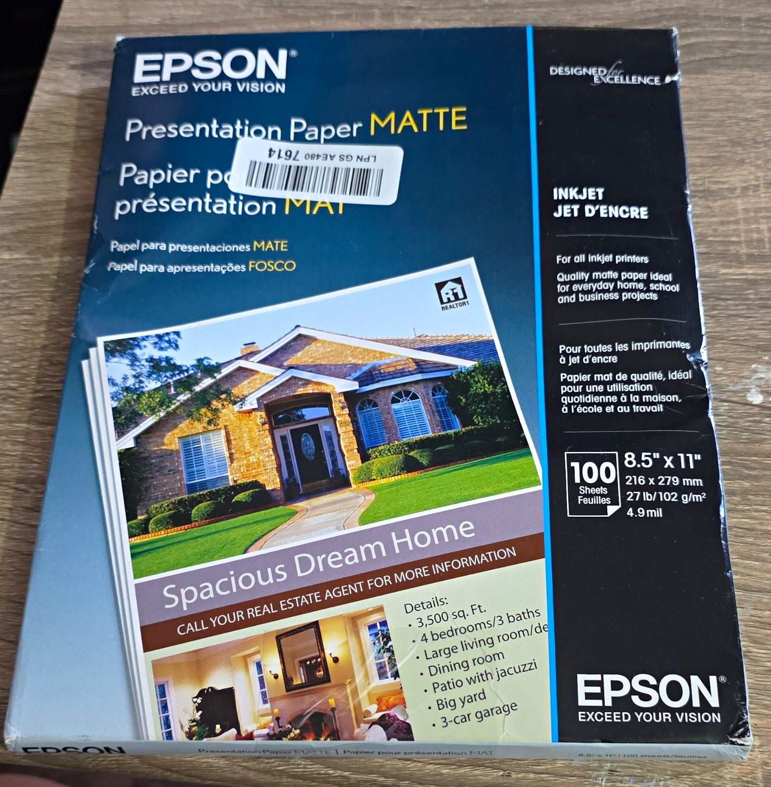 Epson Presentation Matte Inkjet Printer Paper Letter 8.5x11 100 Sheets S041062