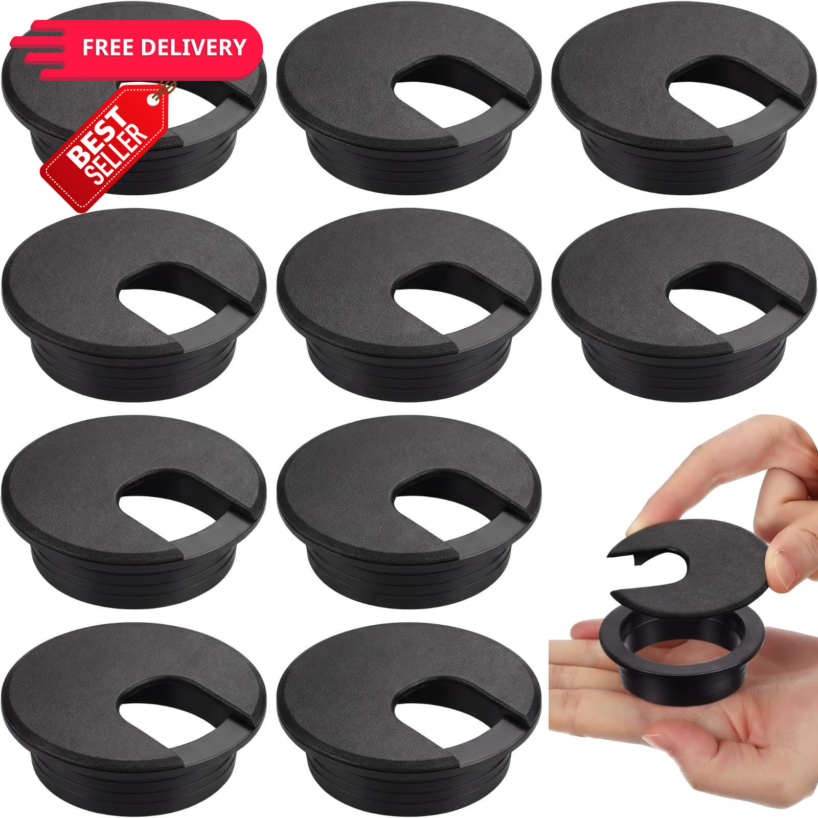SATINIOR 10 Packs Desk Wire Cord Cable Grommets Cover Plastic 2 Inch, Black