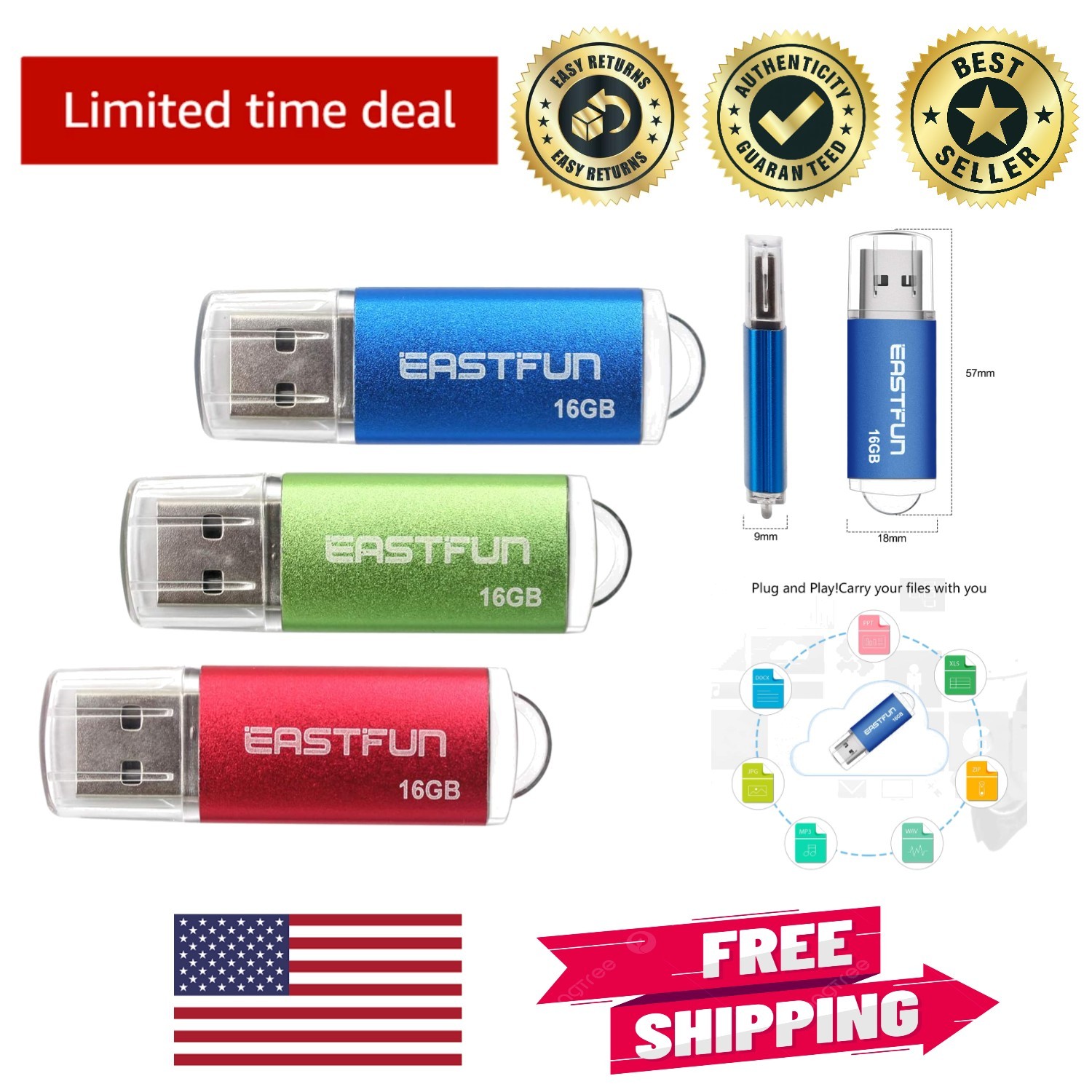 3 Pack 16GB USB 2.0 Flash Drives - Stylish Red, Green & Blue with LED