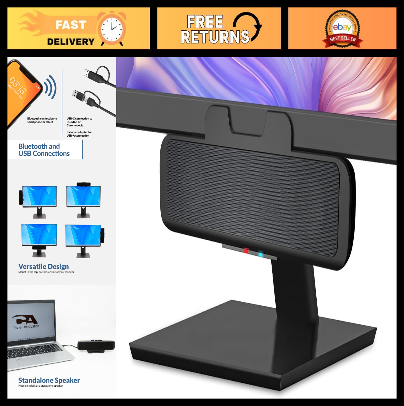 USB & Bluetooth Speaker Bar - USB Powered, Speakerphone for PC, Clamps to Monito