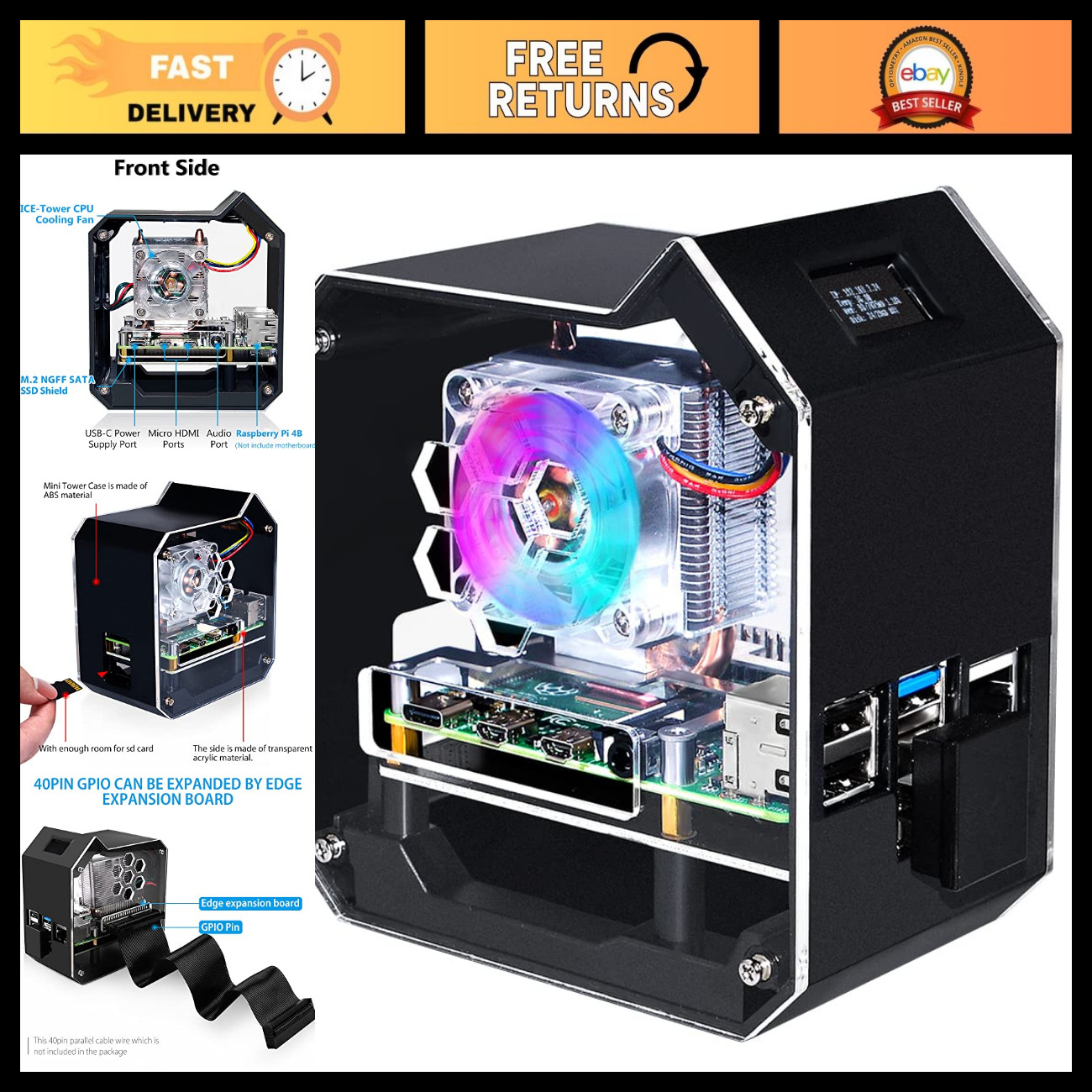 Mini Tower NAS Kit for Raspberry Pi 4, PWM RGB Fan, M.2 SSD Expansion, GPIO 1 to