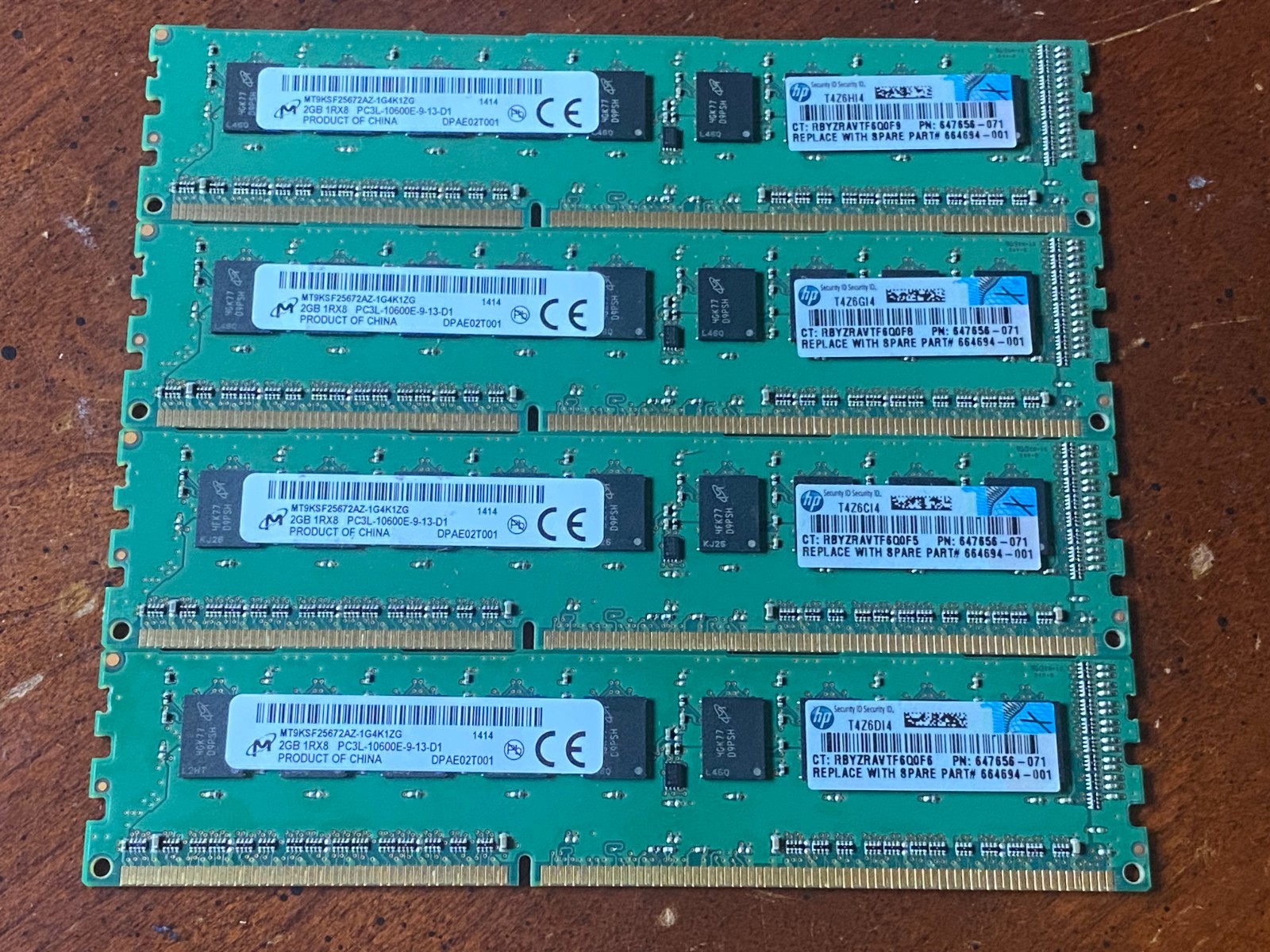 Lot of 4 Genuine HP 2GB PC3L-10600E DDR3 Low Voltage DIMM 647656-071 664694-001