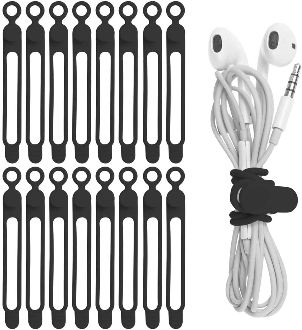 16 Pcs Silicone Cable Ties Cord Organizer Management Straps Black 4.2 Inch