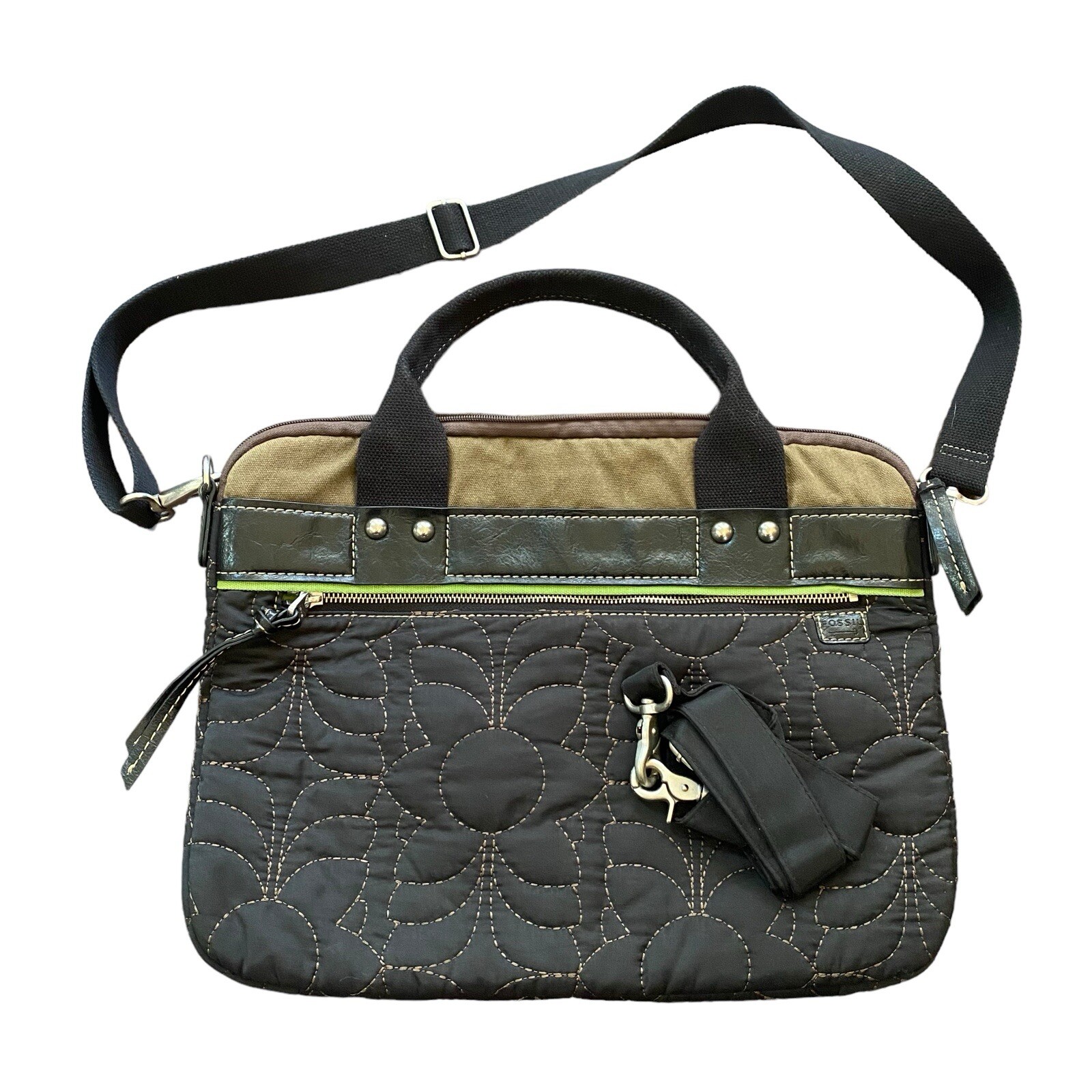 Fossil Key Per Quilted Laptop Bag Black Brown Green Shoulder Messenger Bag