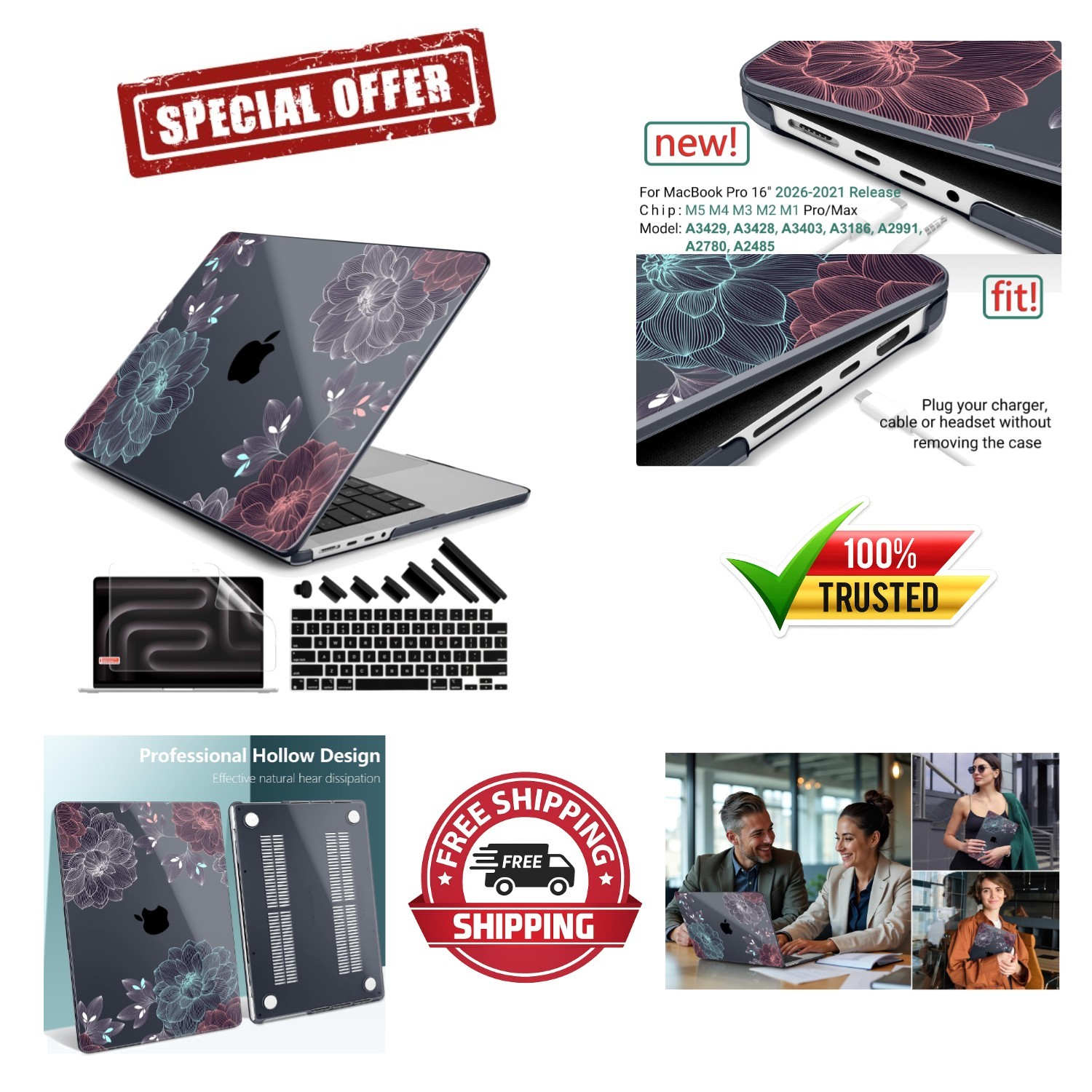 Elegant Dahlia Floral Hard Shell Case for MacBook Pro 16 (2021-2026) Models