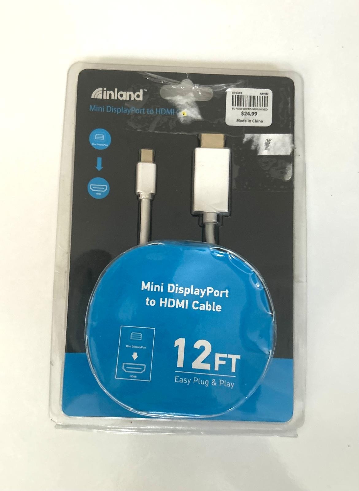 Inland 12FT Mini DisplayPort to HDMI Cable White Male to Male Laptop TV PC