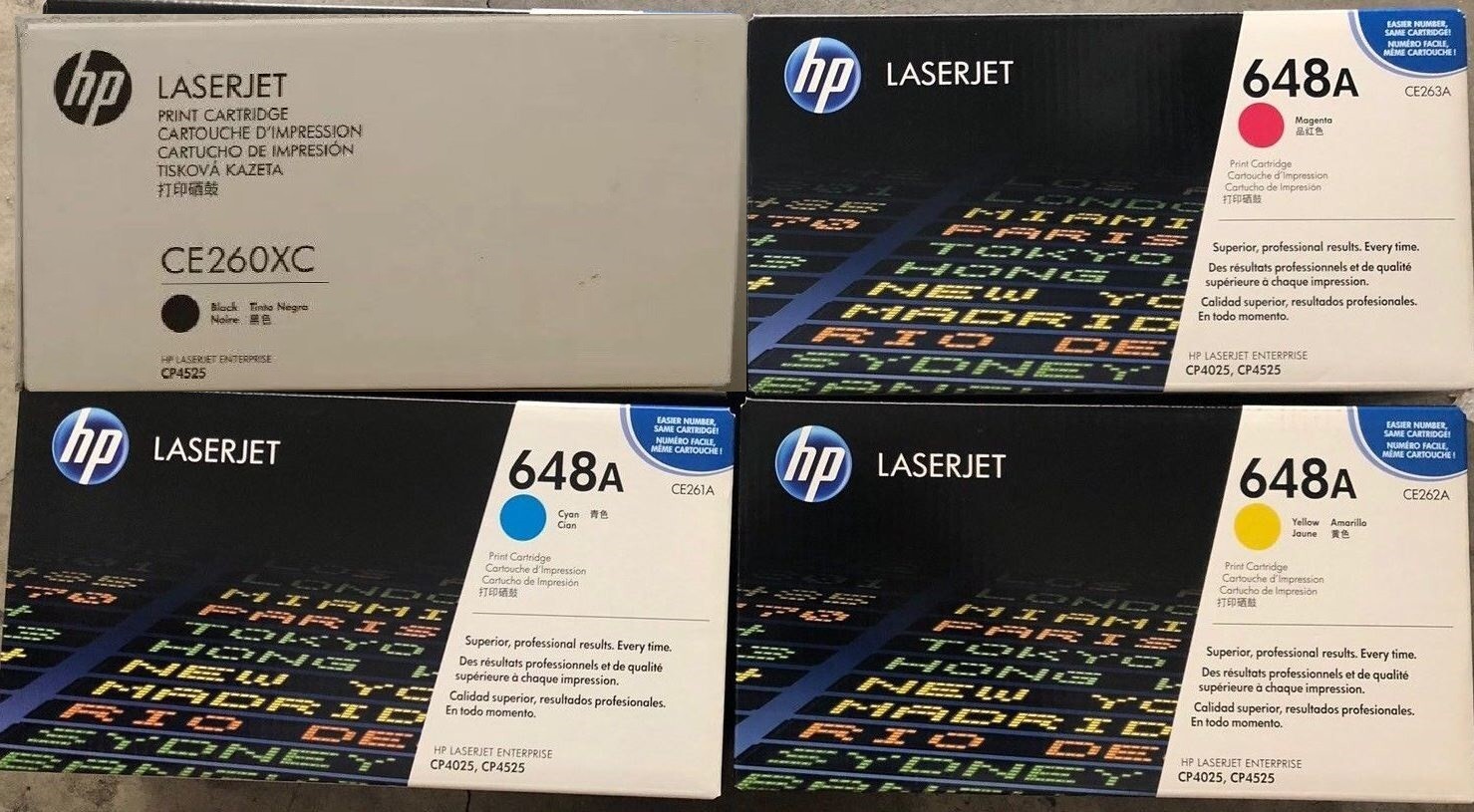Set 4 Genuine SEALED HP CE260XC CE261A CE262A CE263A Toners 648A 649X
