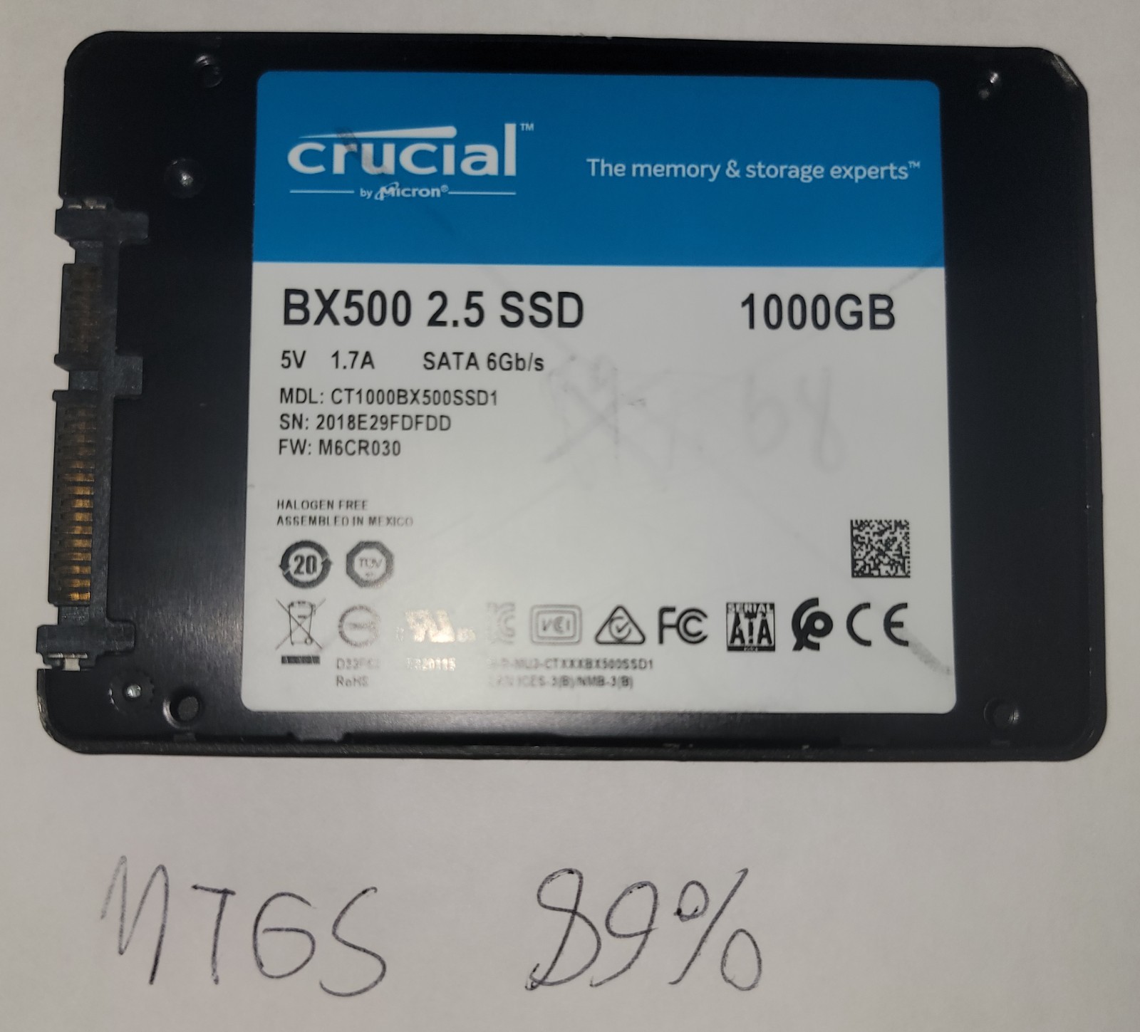 Crucial BX500 1TB 2.5" SATA SSD Tested Wiped 89% Health CT1000BX500SD1
