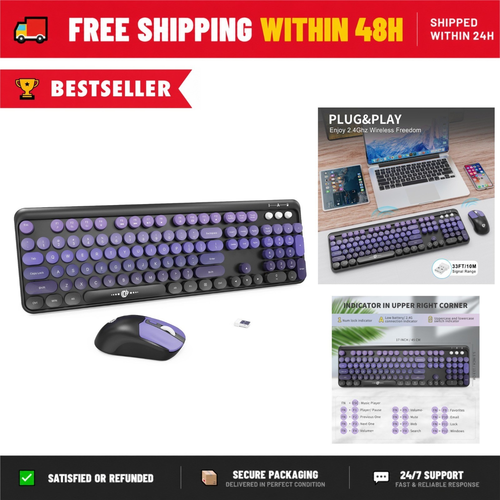 Wireless Keyboard and Mouse Combo 2.4G Full-Sized Retro Typewriter 104 Round