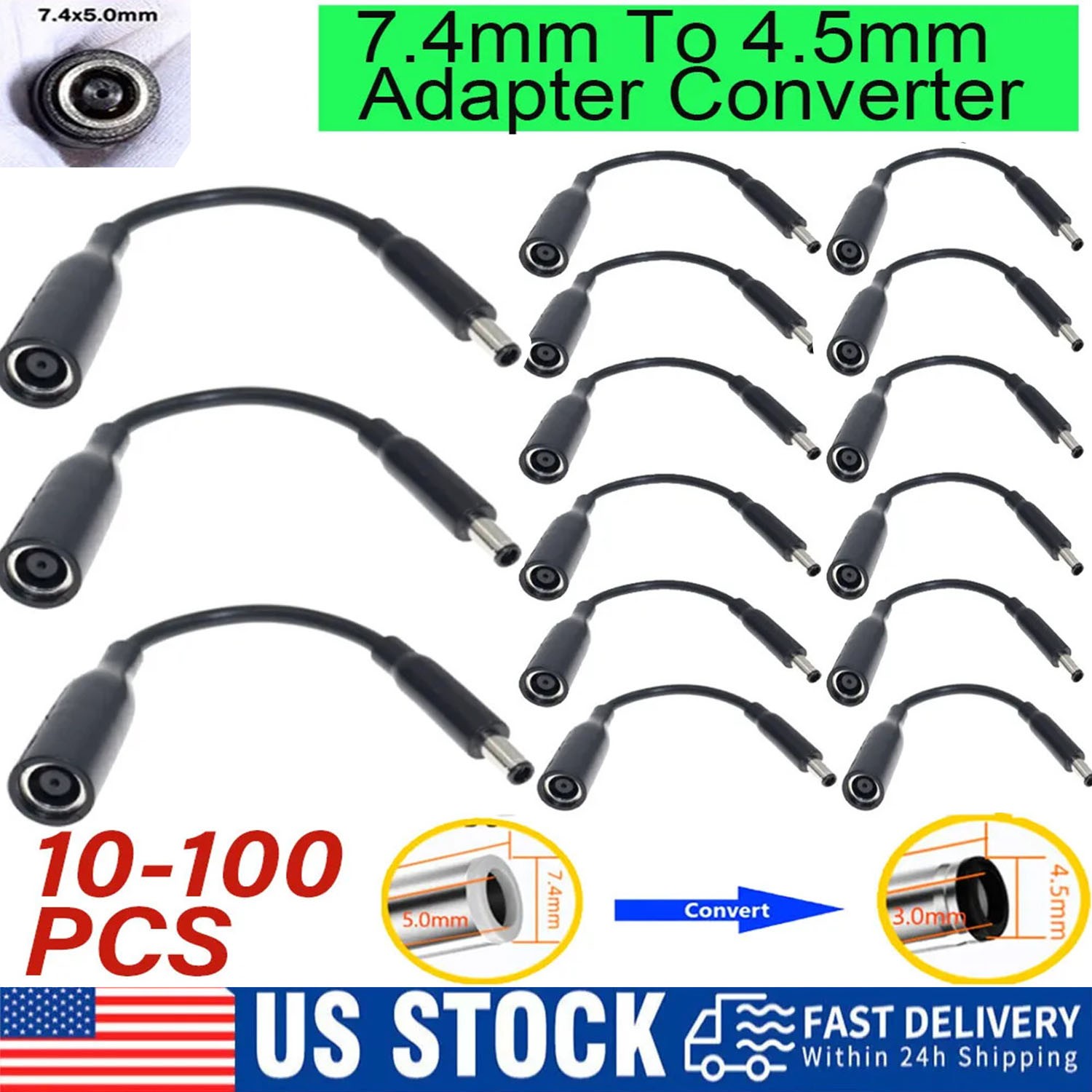 100PCS DC Power Charger Converter Adapter Cable 7.4mm To 4.5mm For Dell Tips LOT