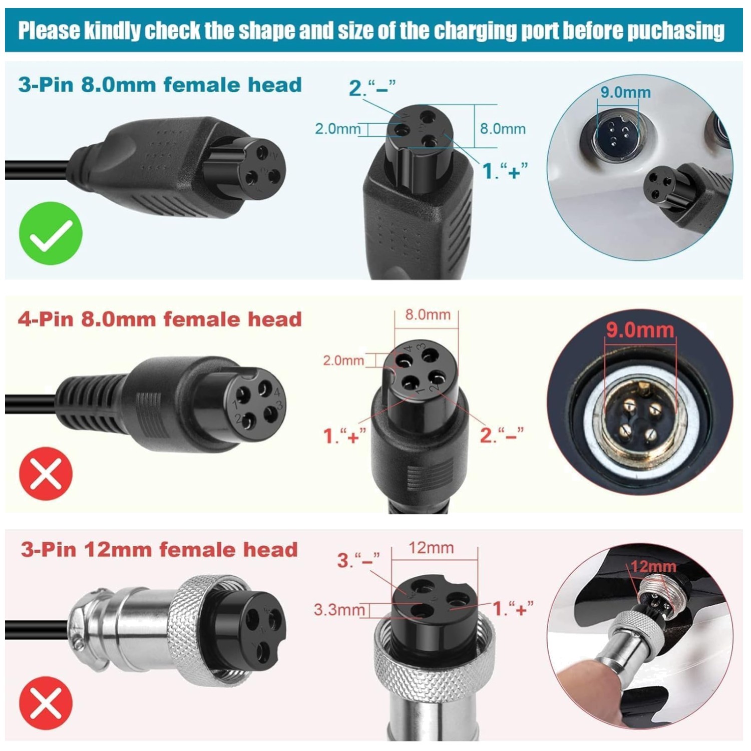 3-Pin Inline Power Charger Cable for 36V-42V Li-ion Battery