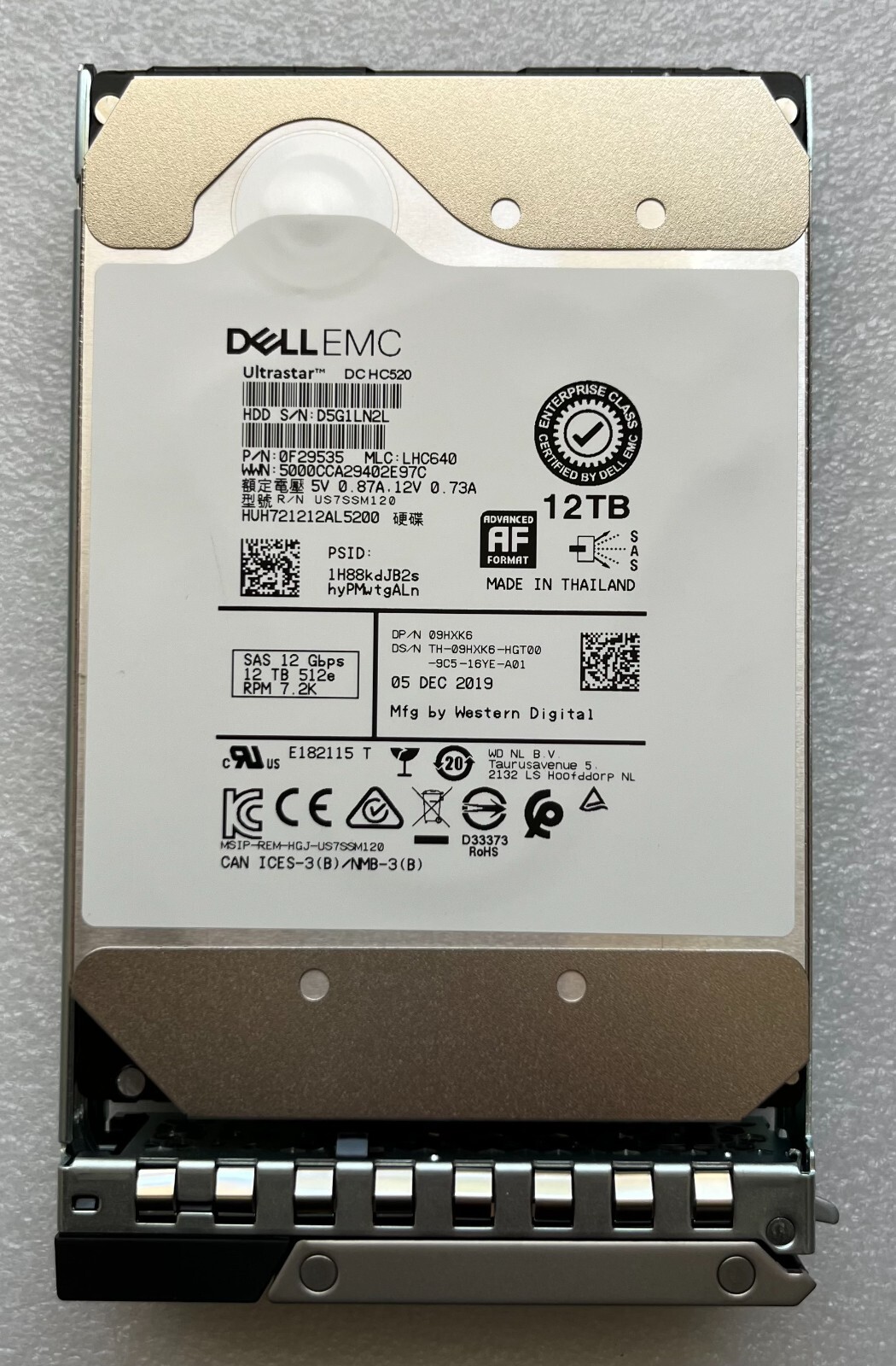 9HXK6 DELL HUH721212AL5200 12TB 7.2K 12Gbs 3.5 SAS 09HXK6 HDD Hard Drive 0F29535