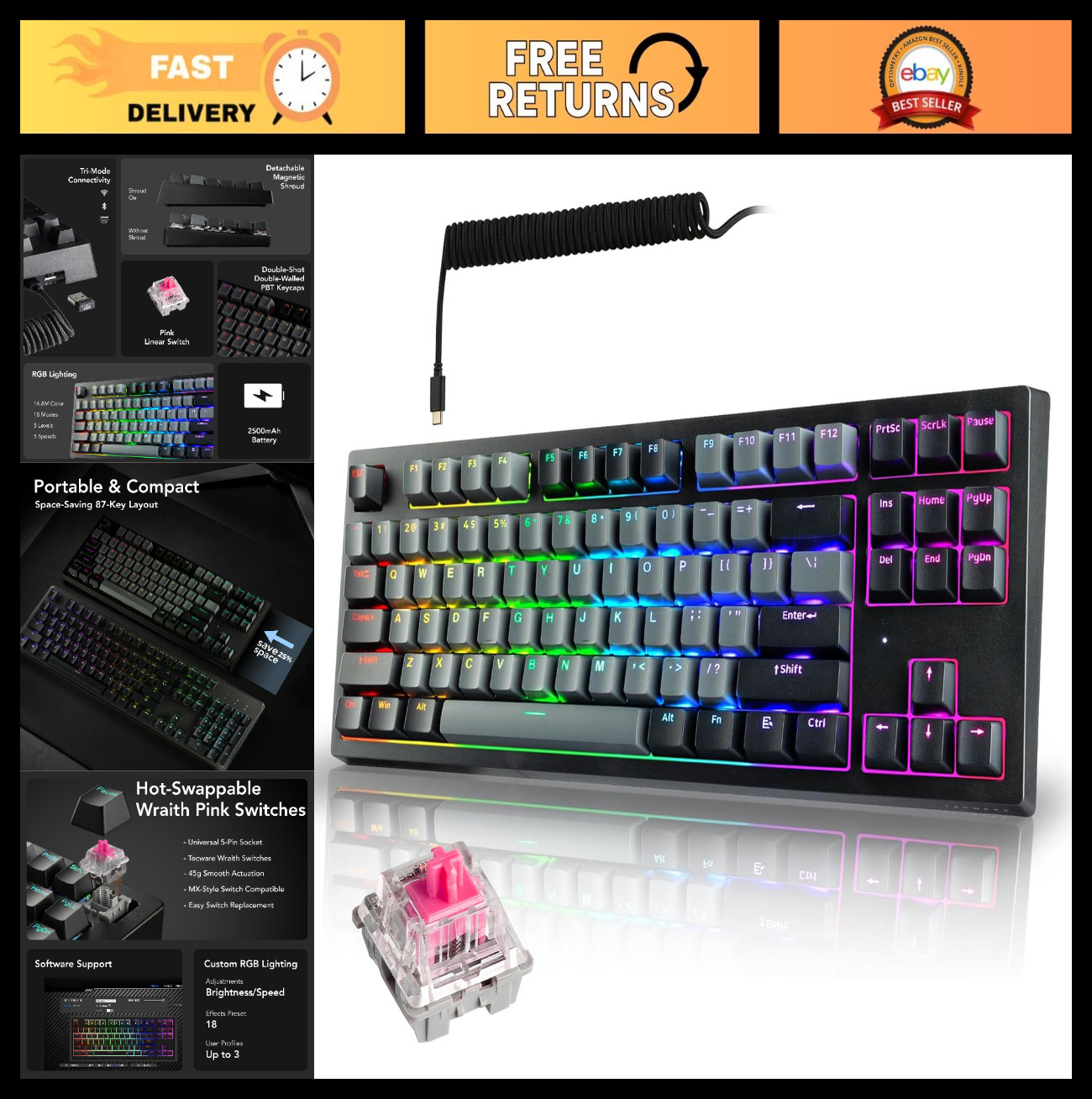 RGB Mechanical Gaming Keyboard - TKL 87 Keys, Wireless Bluetooth 5.0, Hot Swappa