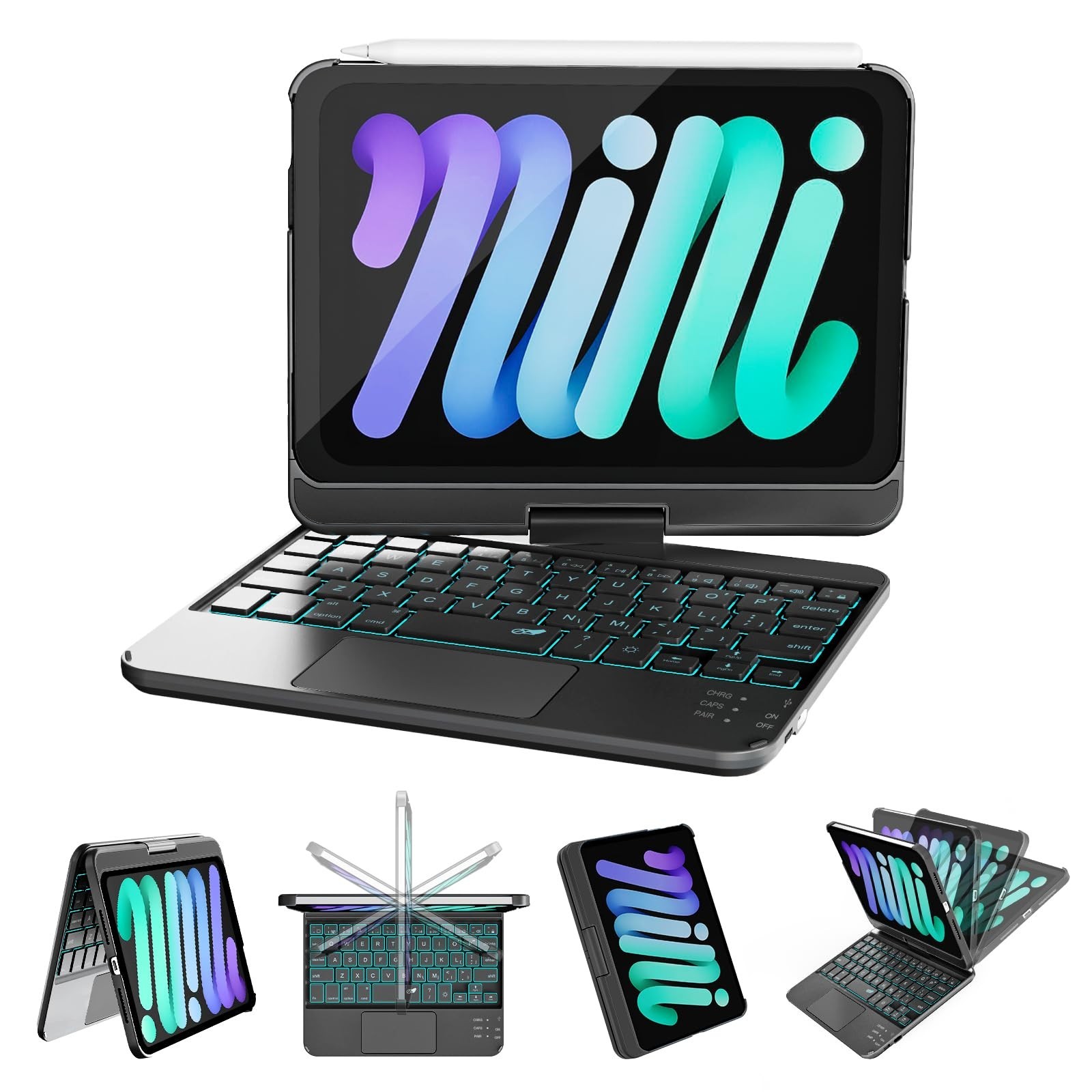 iPad Mini 7/6 Keyboard Case with Trackpad, 360° Rotating, 7 Color Backlit, Trave