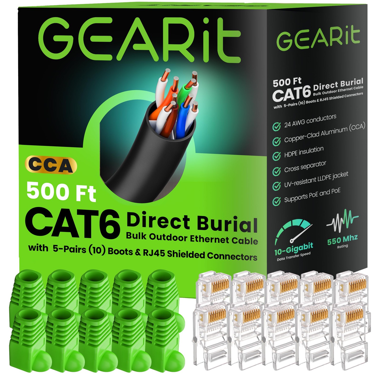 GEARit Cat 6 Outdoor Cable 500 Ft Bulk, Direct Burial, 10 500 Feet, Black