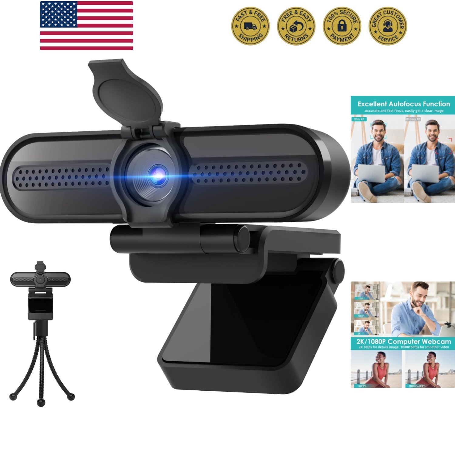 2K Webcam with Microphone, 78°FOV FHD PC Camera with 2K/30fps, 1080P/60fps, P...