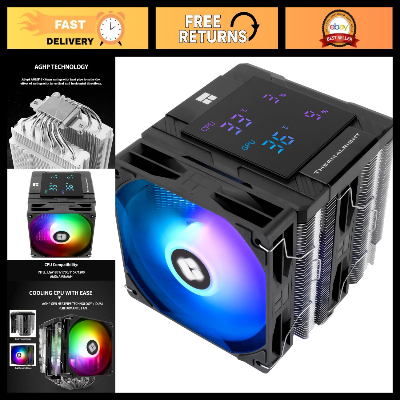 High-Performance Dual Tower CPU Cooler, ARGB, 1850RPM, AM4/AM5, Intel LGA1700
