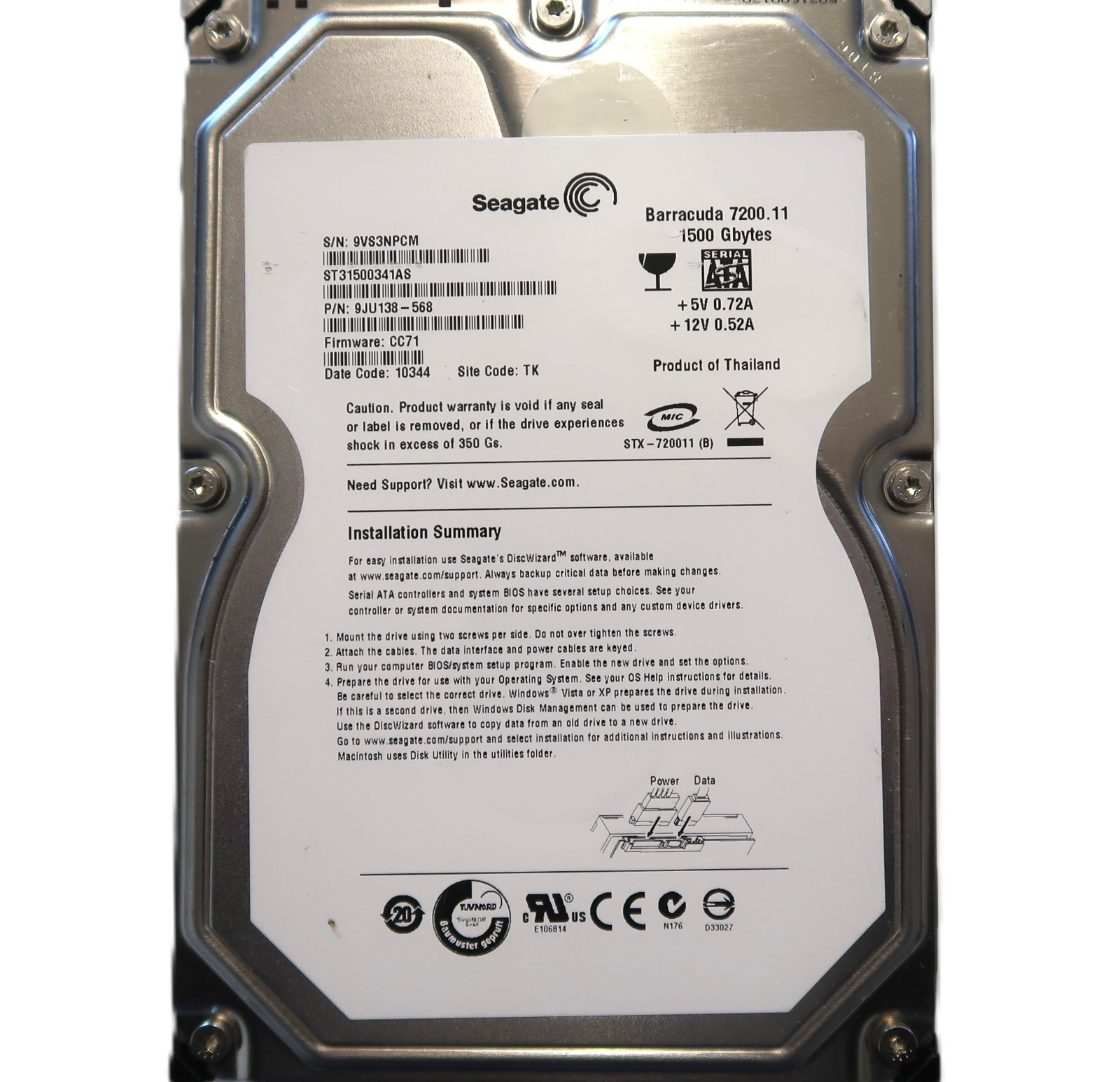 Seagate ST31500341AS 9JU138-568 CC71 (9VS) TK Thailand 3.5" 1.5TB Sata 02/2010