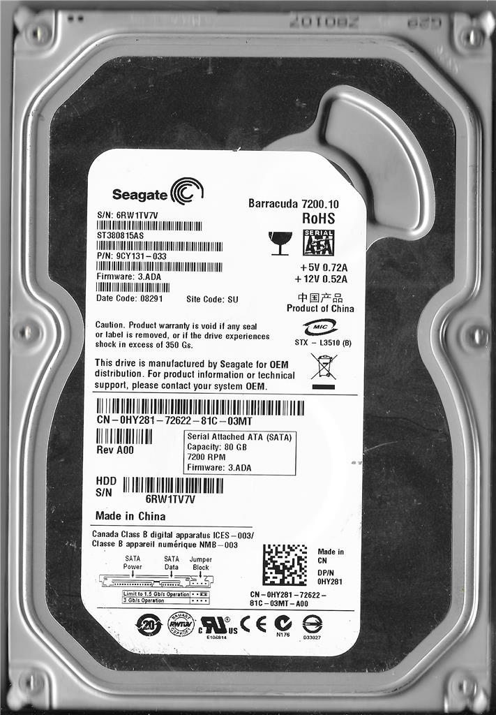SEAGATE BARRACUDA ST380815AS 80GB SATA HARD DRIVE P/N: 9CY131-033 FW: 3.ADA SU
