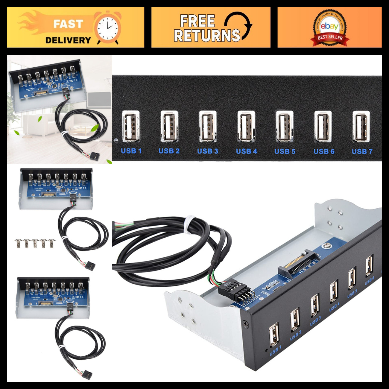 7-Port USB 2.0 Hub - 5.25" Internal Metal Panel for Computer Case, Scanner, Type
