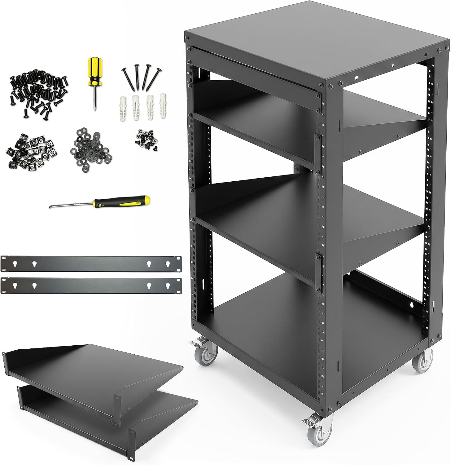 Axcessables 16U Open Frame Network Rack with Locking Caster Wheels - 440Lb Capac