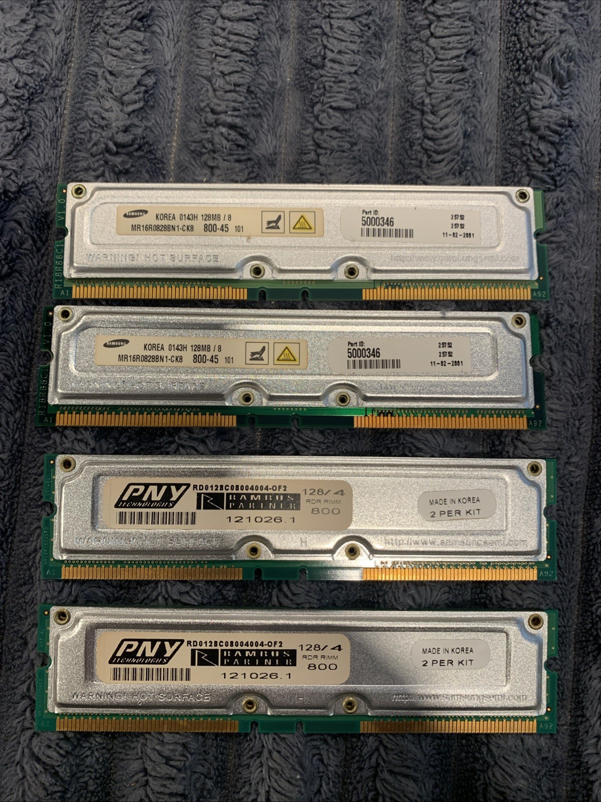 512MB Vintage RDRAM PC800 Non-ECC RAM Bundle (4x 128MB Modules) - Samsung & PNY