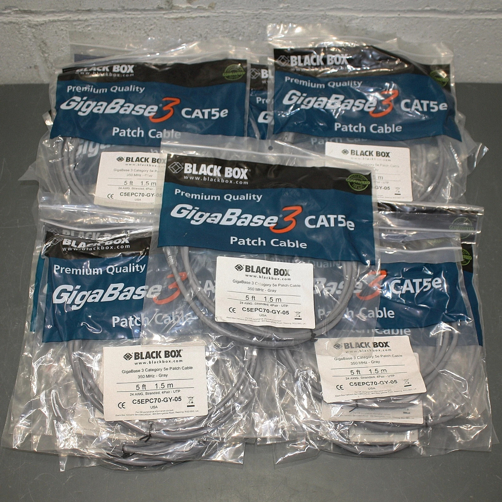 (5) Black Box CAT5e Premium Patch Cable, 5ft Ethernet Cord, Gray, 350 MHz