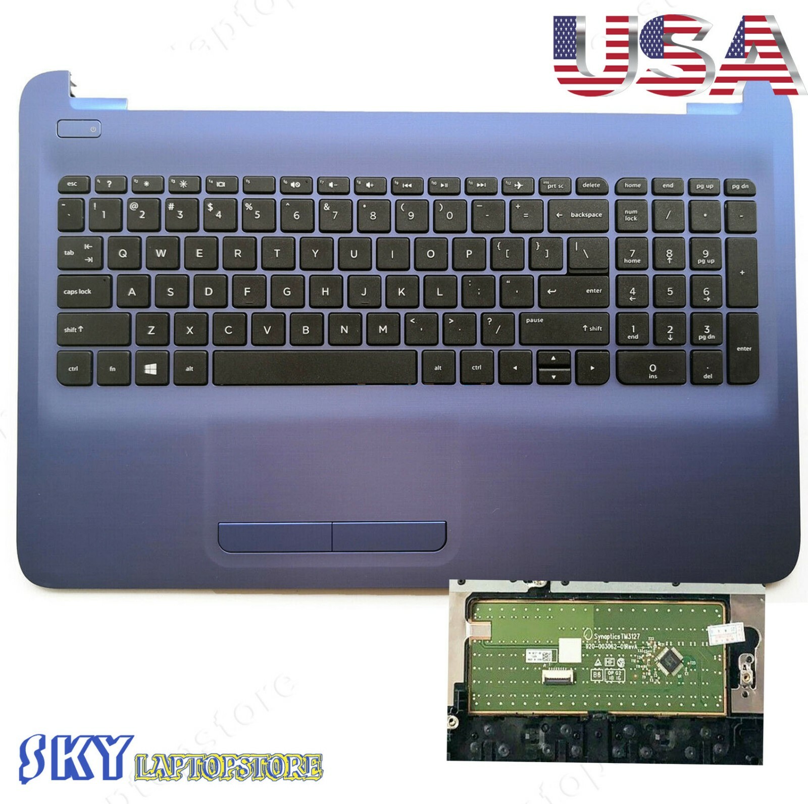 New HP 15-AY 15AY 15-BA 15-BN Blue Palmrest Keyboard & Touchpad 855026-001 USA