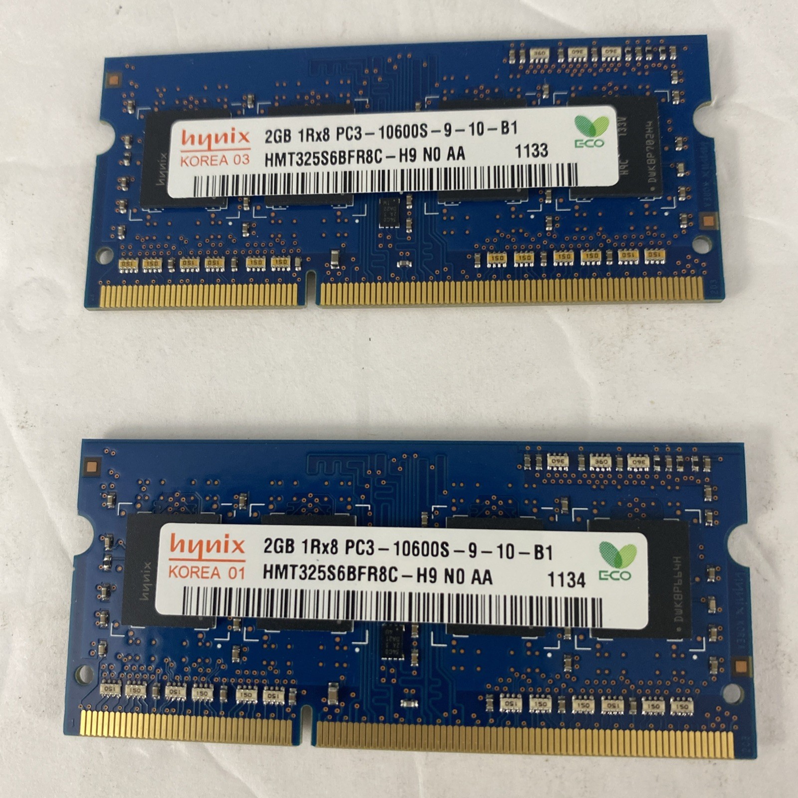 Set Of (2) 2GB Laptop Memory RAM Hynix 1Rx8 PC3 - 10600S-9 - 10 - B1