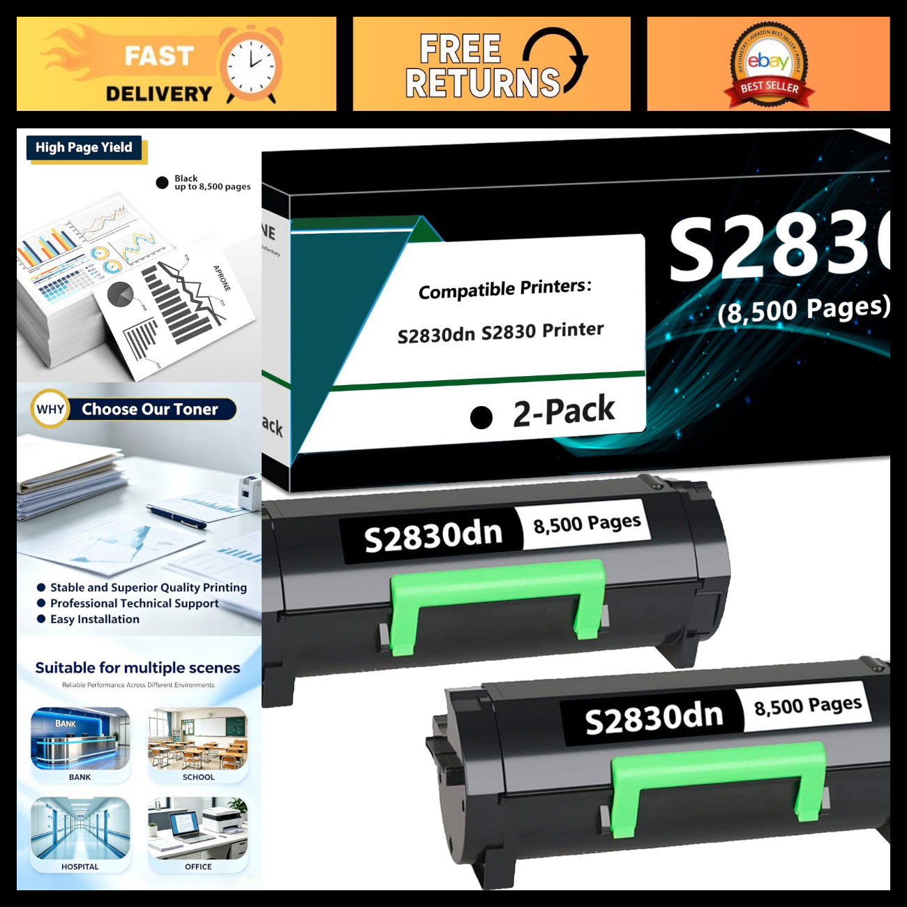 Compatible Toner Cartridge for Dell S2830dn, High Yield, Black, Laser Printer Su
