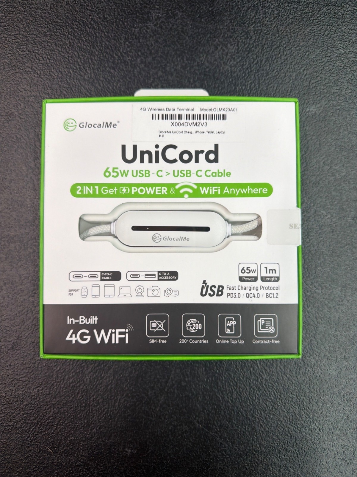 GlocalMe UniCord 65W USB-C To USB-C 2-In-1 Charging Cable With In-Built 4G WiFi