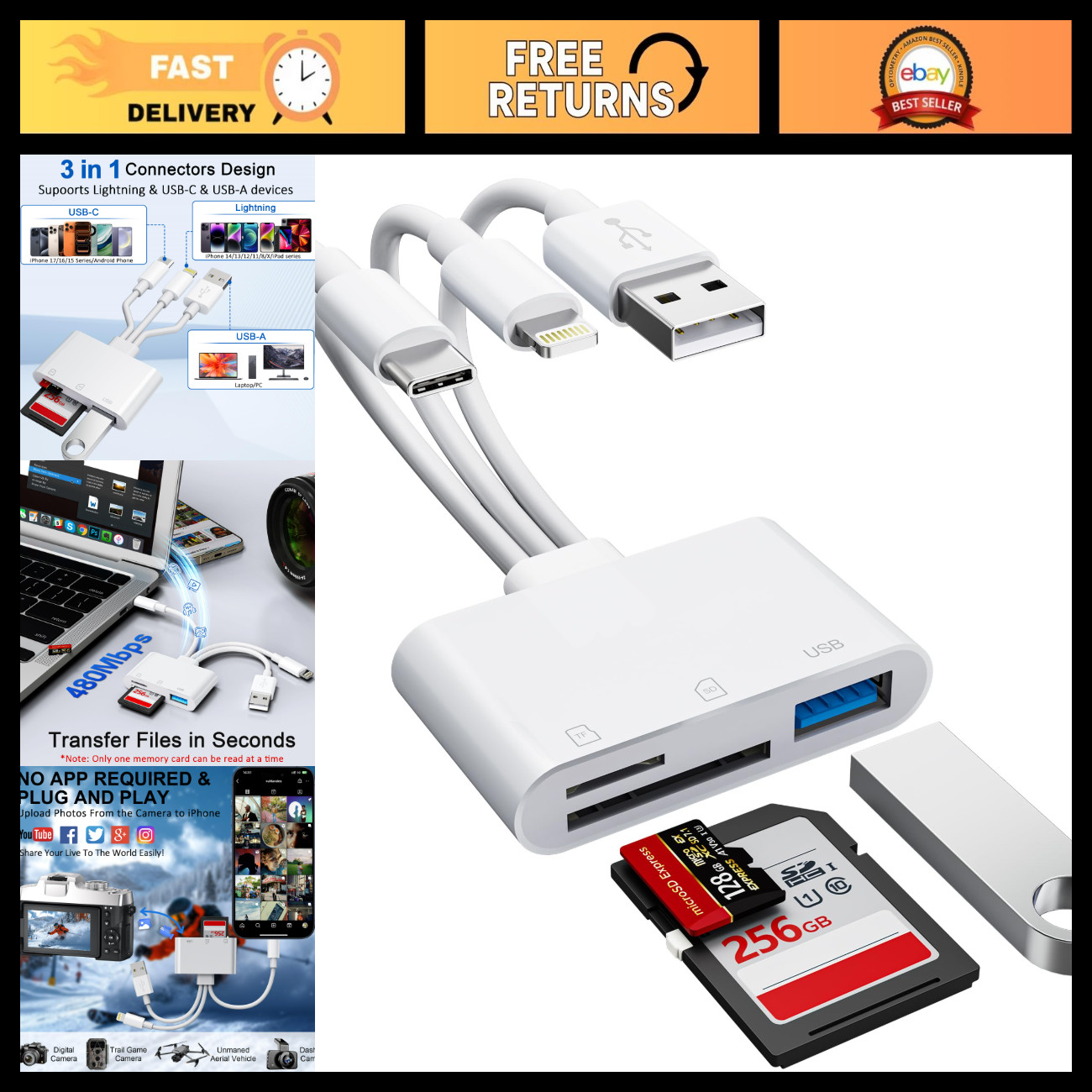 3-in-1 SD Card Reader for iPhone/iPad, USB Adapter for SD/Micro SD, Game Camera