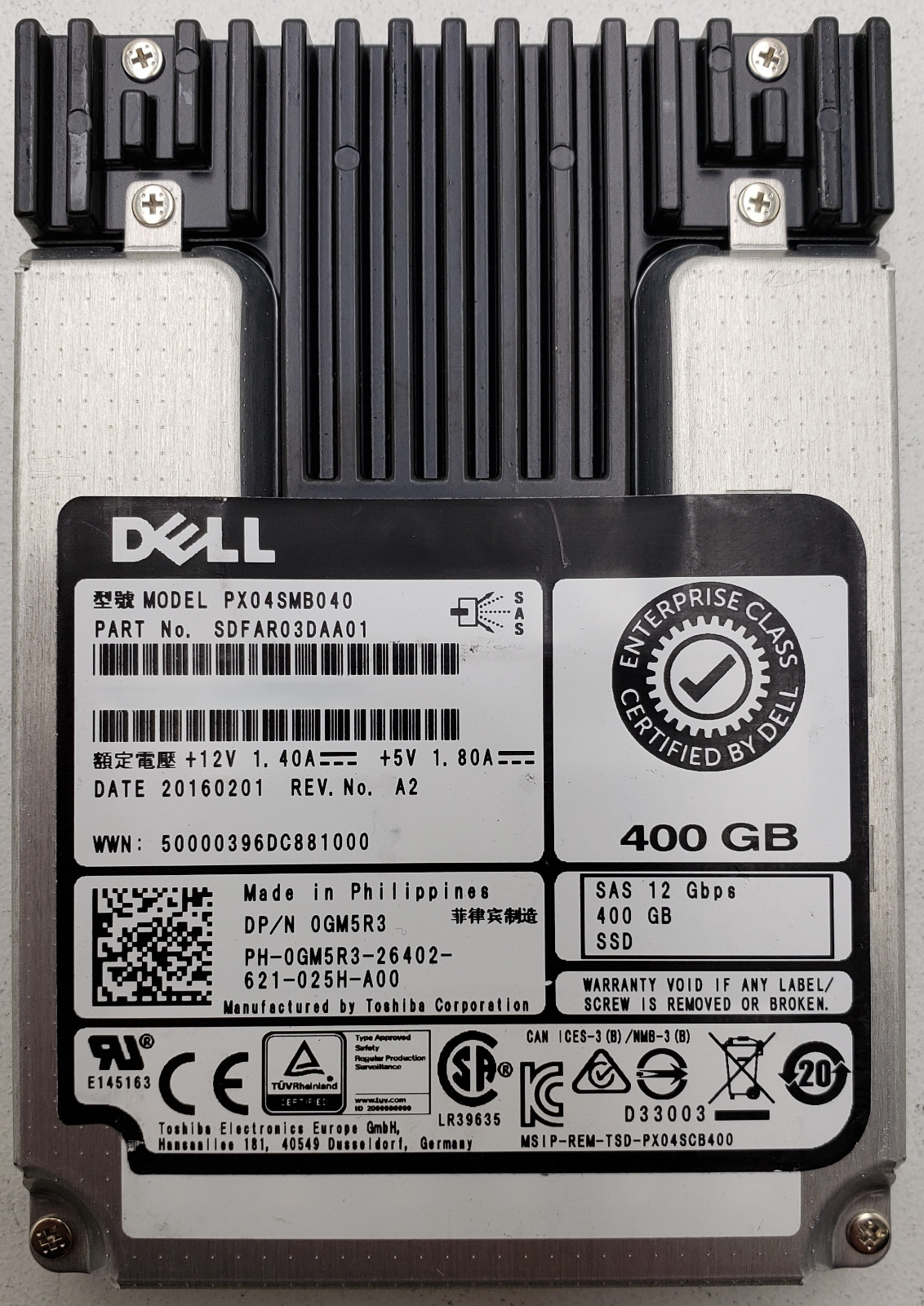 Dell PX04SMB040 400GB 12Gb/s SAS 2.5in Enterprise SSD SDFAR03DAA01
