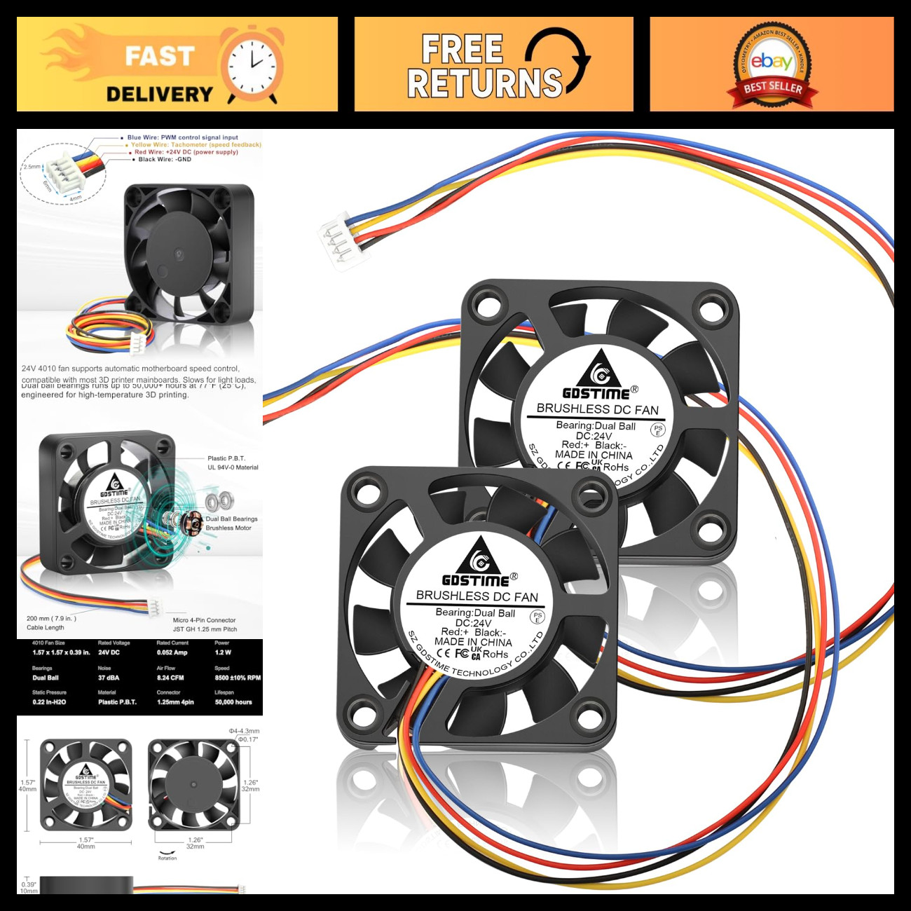 24V PWM 4010 40mm Hotend Heatsink Fan, Dual Ball Bearing, 2-Pack for 3D Printers