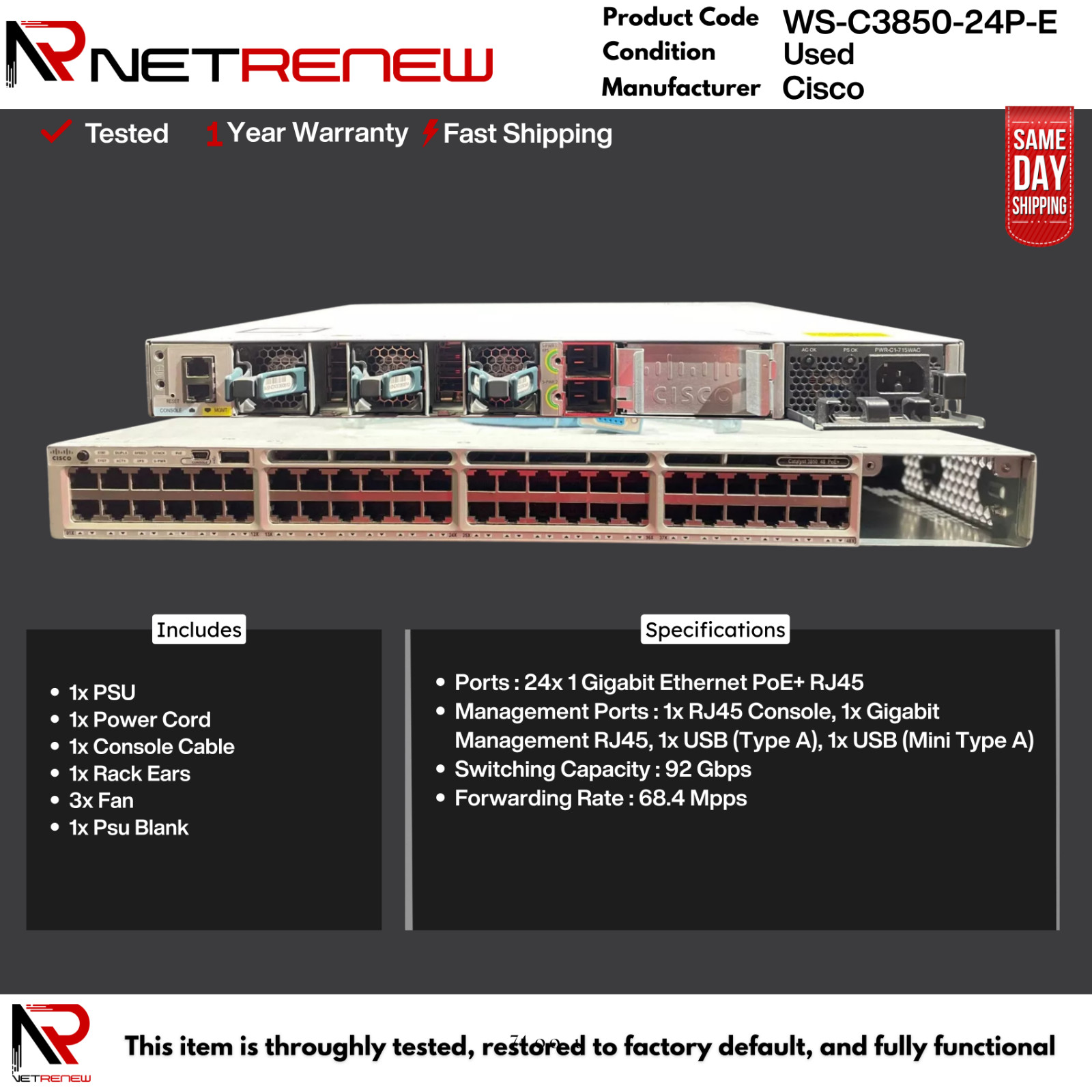 Cisco WS-C3850-24P-E Catalyst 3850 24-Port PoE+ Gigabit Enterprise Switch