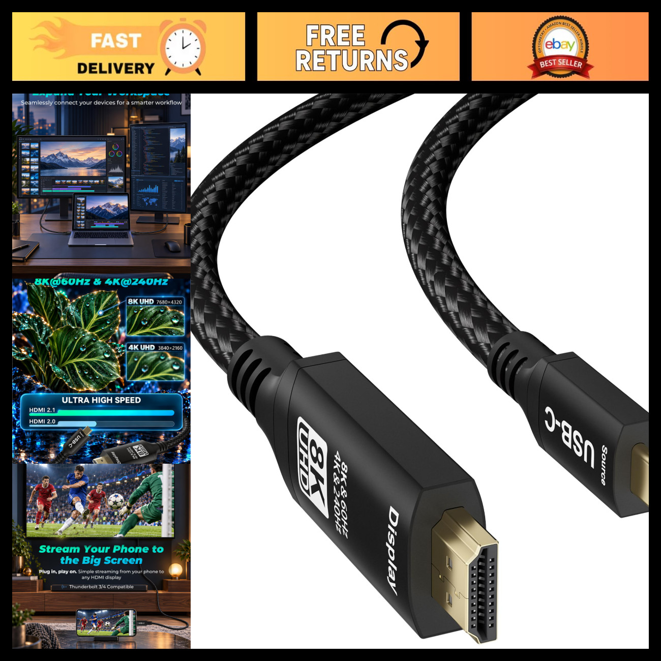 8K USB C to HDMI Cable 10FT - Thunderbolt 3/4 Compatible, 8K 60Hz, 4K 120Hz, Hig