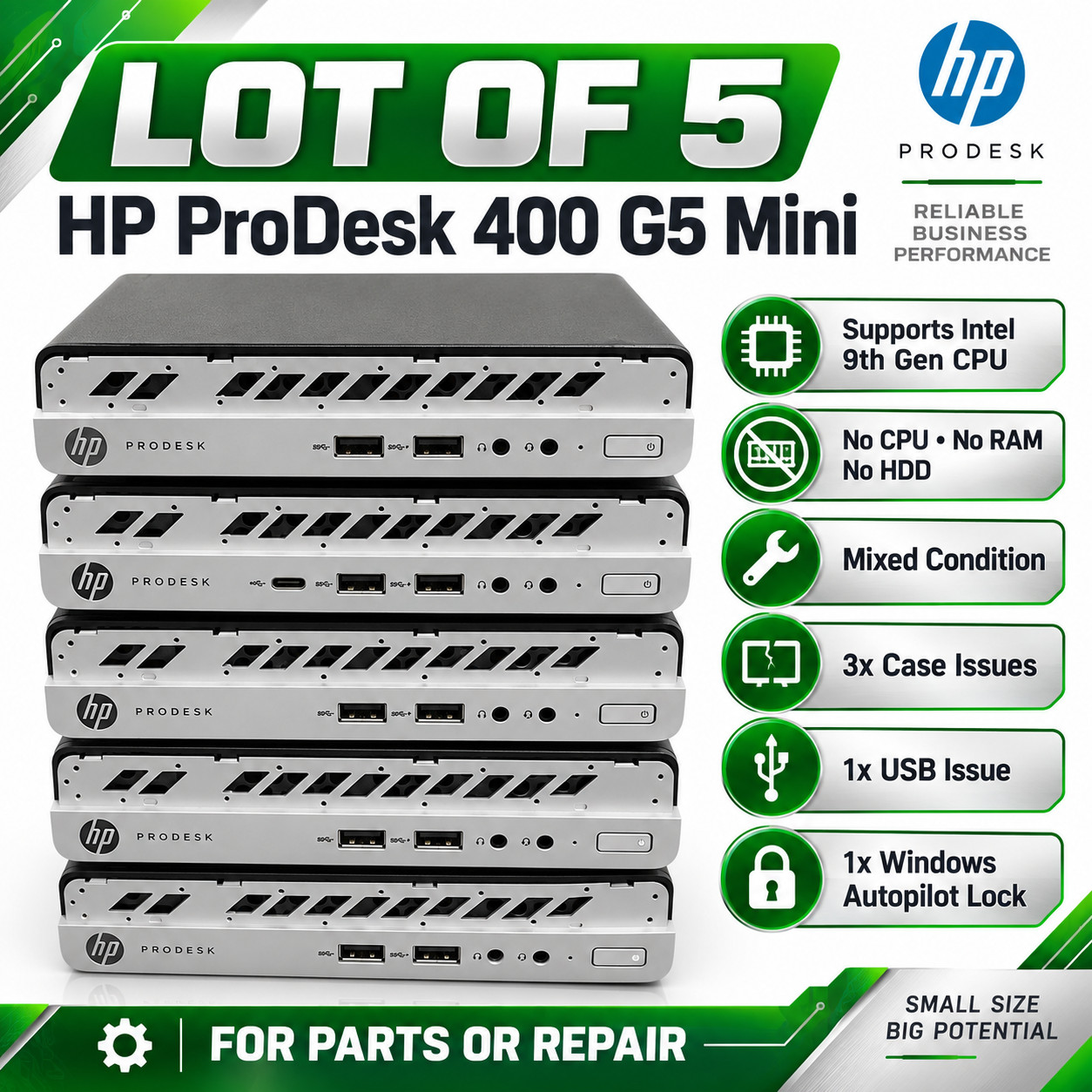 Lot of 5 HP ProDesk 400 G5 Mini PC Intel 9th Gen No CPU RAM HDD Mixed Condition