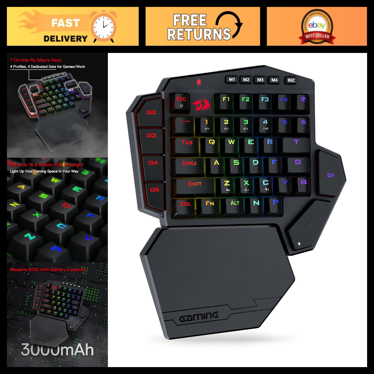 Wireless One-Handed RGB Gaming Keypad, 42-Key Layout, Ergonomic Design, Customiz