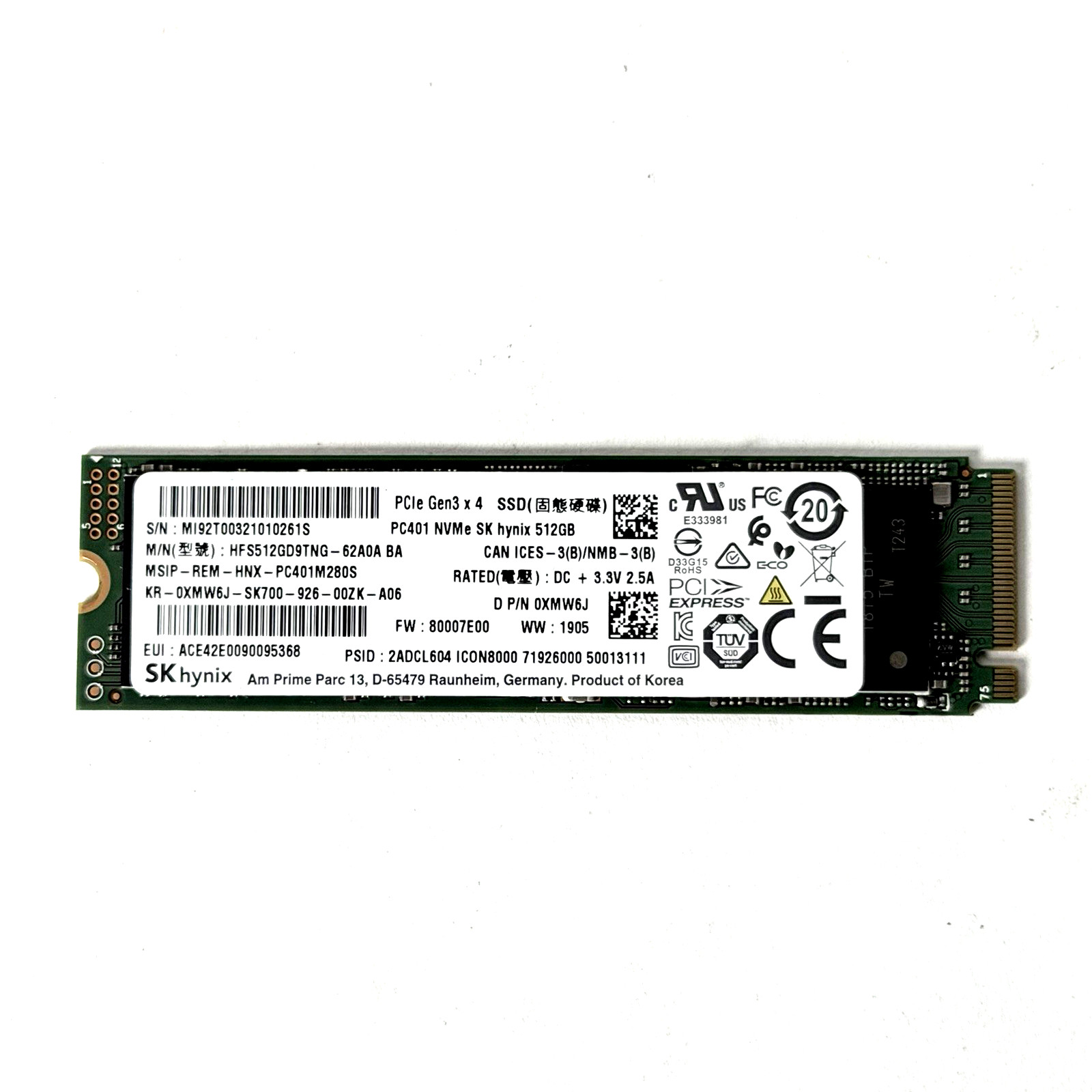 SK Hynix 512GB PC801 M.2 PCIe NVMe SSD HFS512GDJ9TNG  Gen 3x4 100% HEALTH KOREA