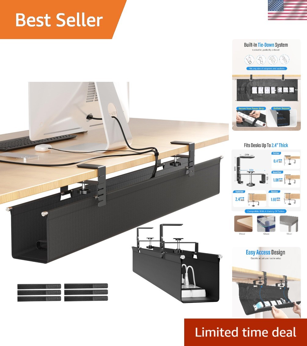 Large 28.4" Under Desk Cable Management Tray - No Drill, Black Oxford Fabric