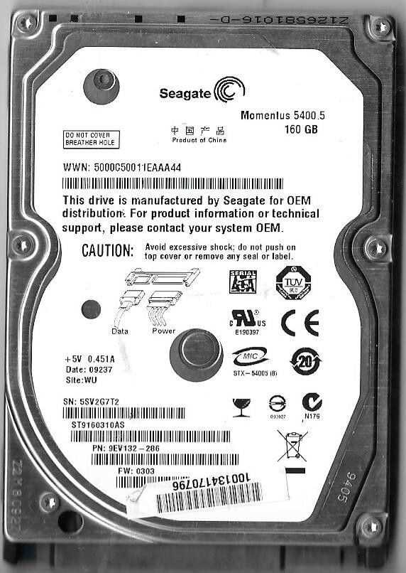 Seagate ST9160310AS 160GB Sata Hard Drive P/N: 9EV132-286 F/W: 0303  5SV  WU