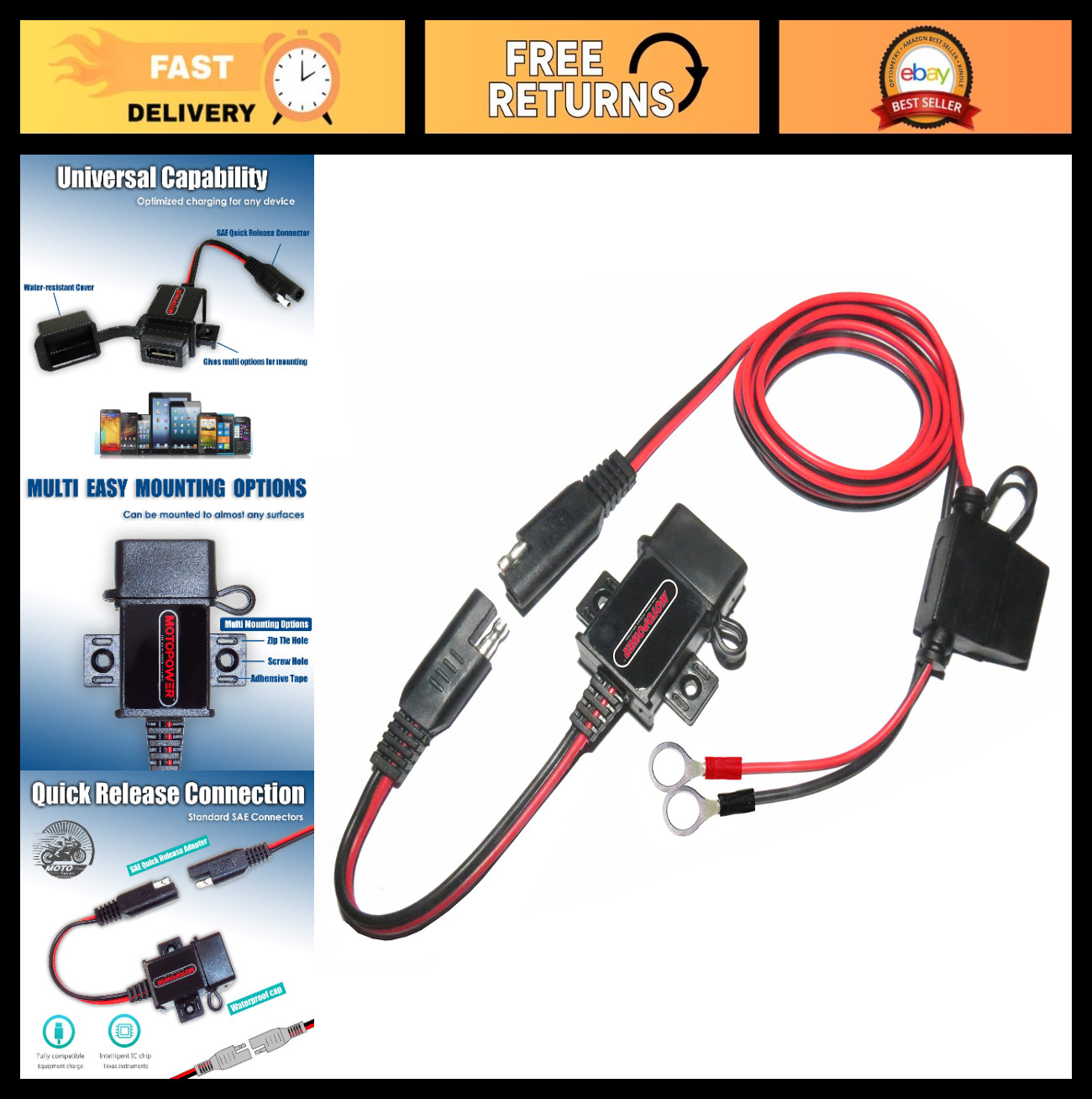 3.1A Motorcycle USB Port Kit, SAE to USB Adapter for Bikes, Fast Charging Access