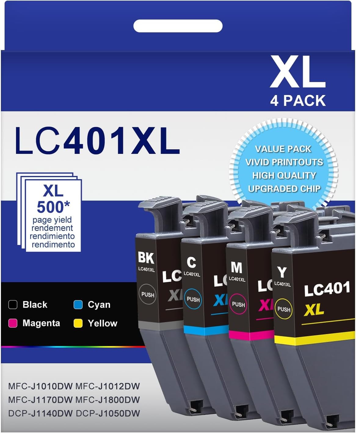 4pc LC401XL Ink Cartridges for Brother LC401 MFC-J1010DW MFC-J1012DW *No Yellow