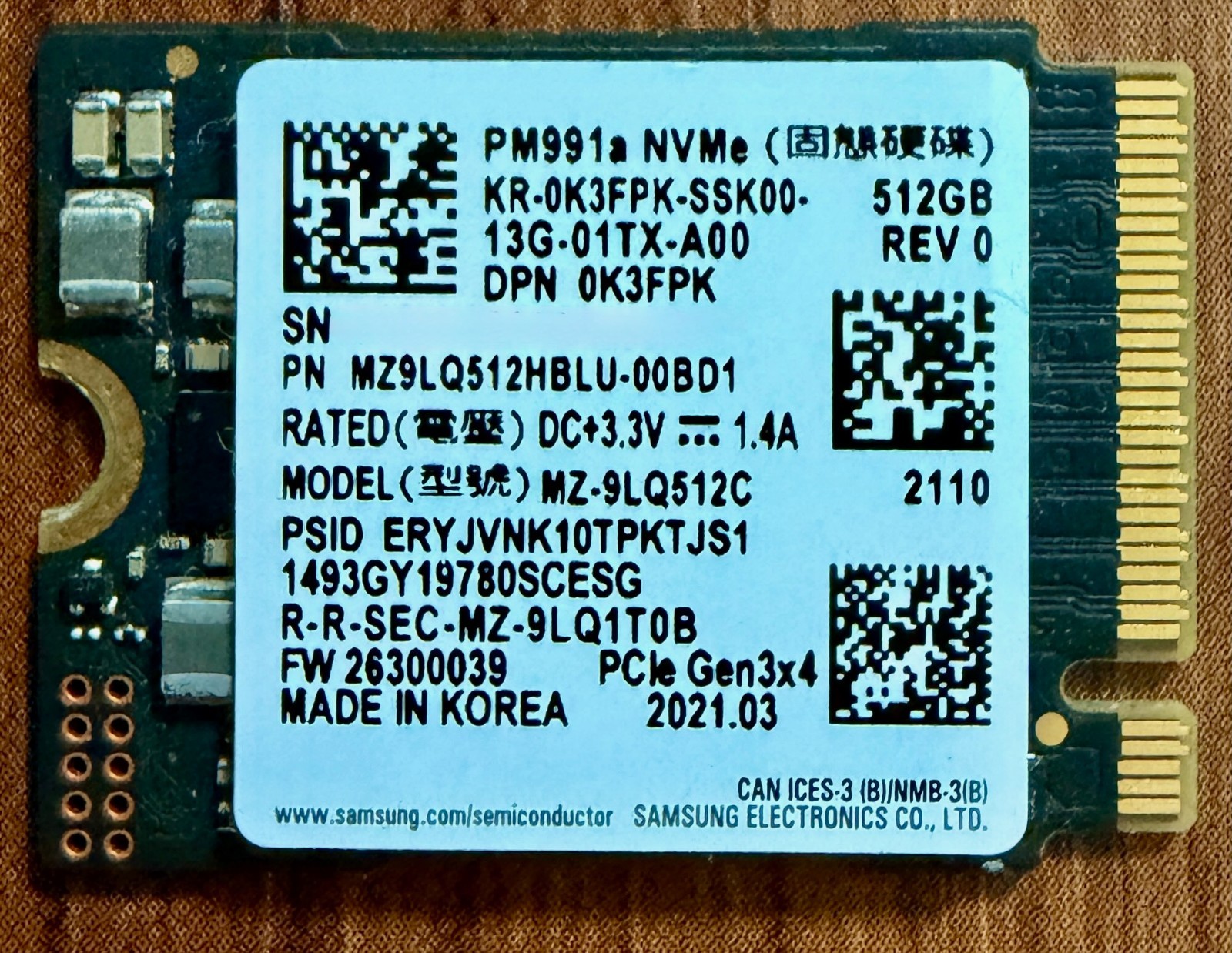 Samsung PM991a PCIe NVMe M.2 512GB SSD MZ9LQ512HBLU
