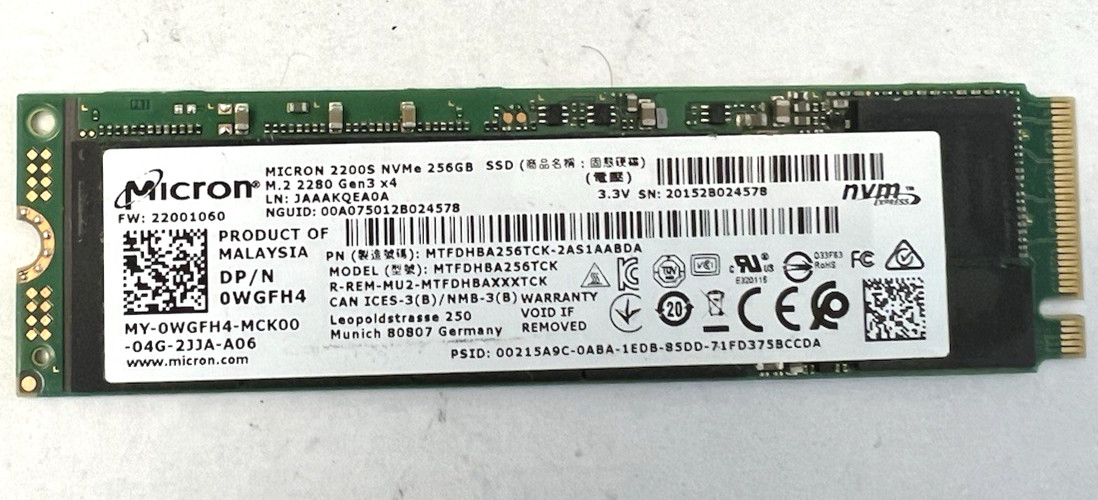 Micron 2200S 256GB M.2 2280 NVMe SSD MTFDHBA256TCK 0WGFH4
