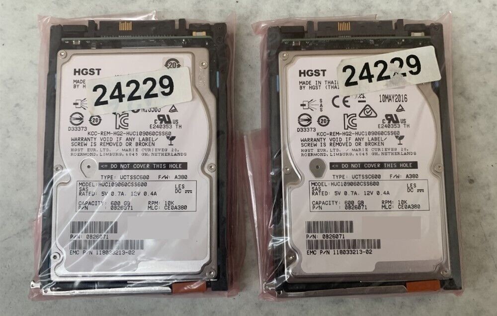 Lot/2 HGST EMC HUC109060CSS600 SAS 2.5" 600GB 10K RPM 0B26071 118033213-02 HDD