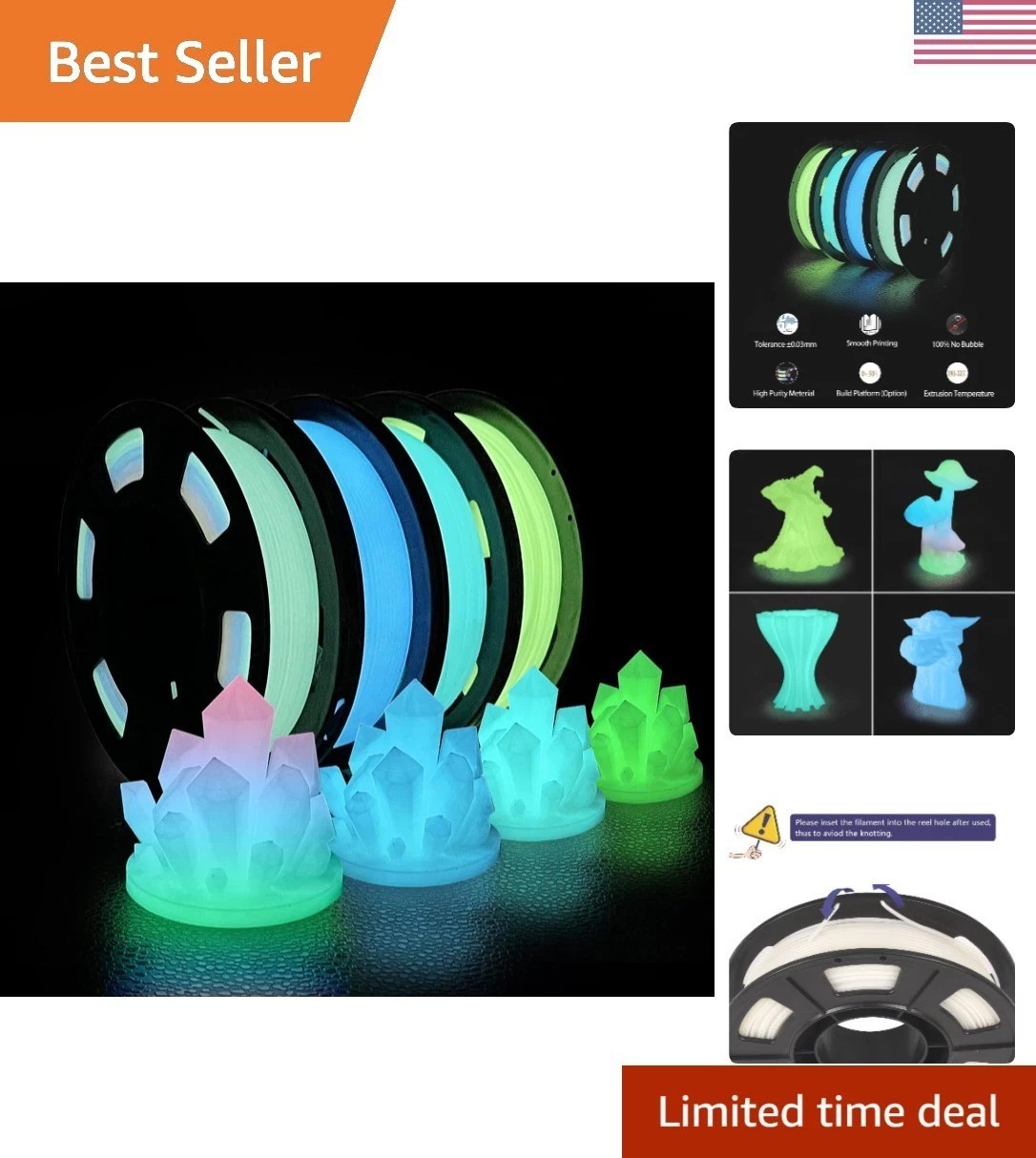 High-Accuracy 3D Filament Bundle: Glow in the Dark 1.75mm, 4x250g Multicolor