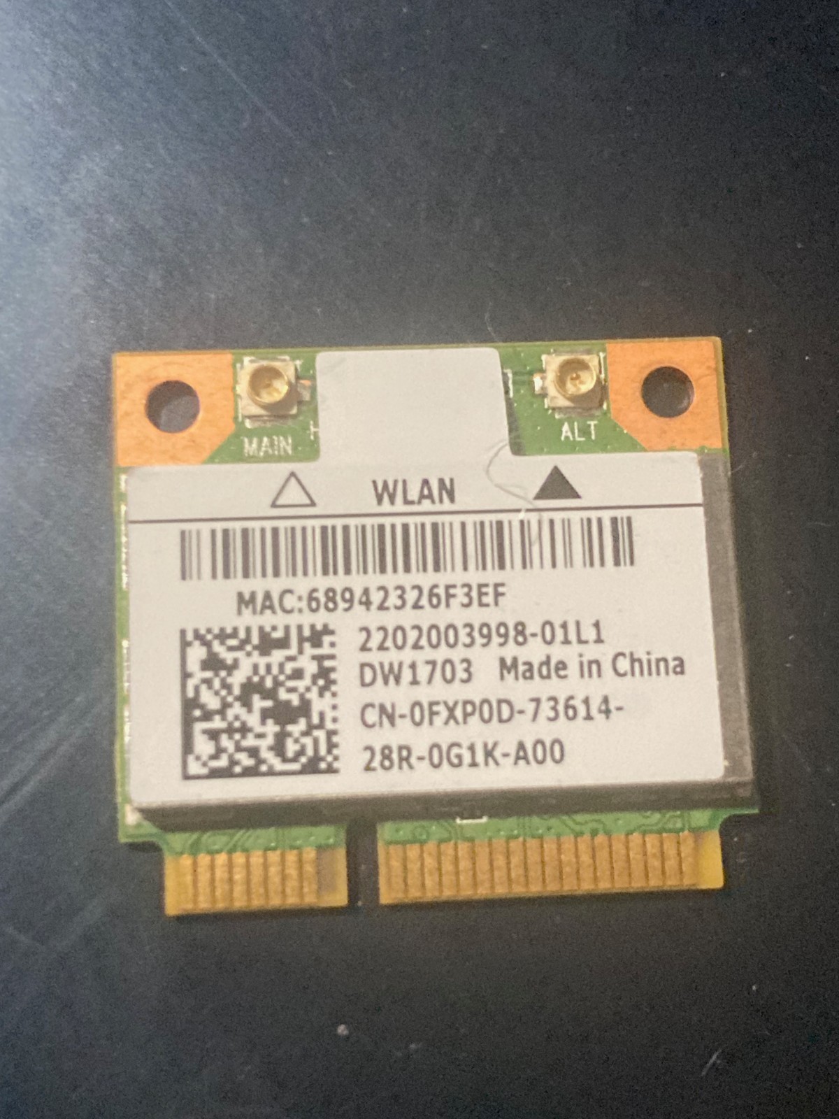 Dell DW1703 802.11 Mini PCIe WiFi Adapter Card Dell P/N: 0FXP0D